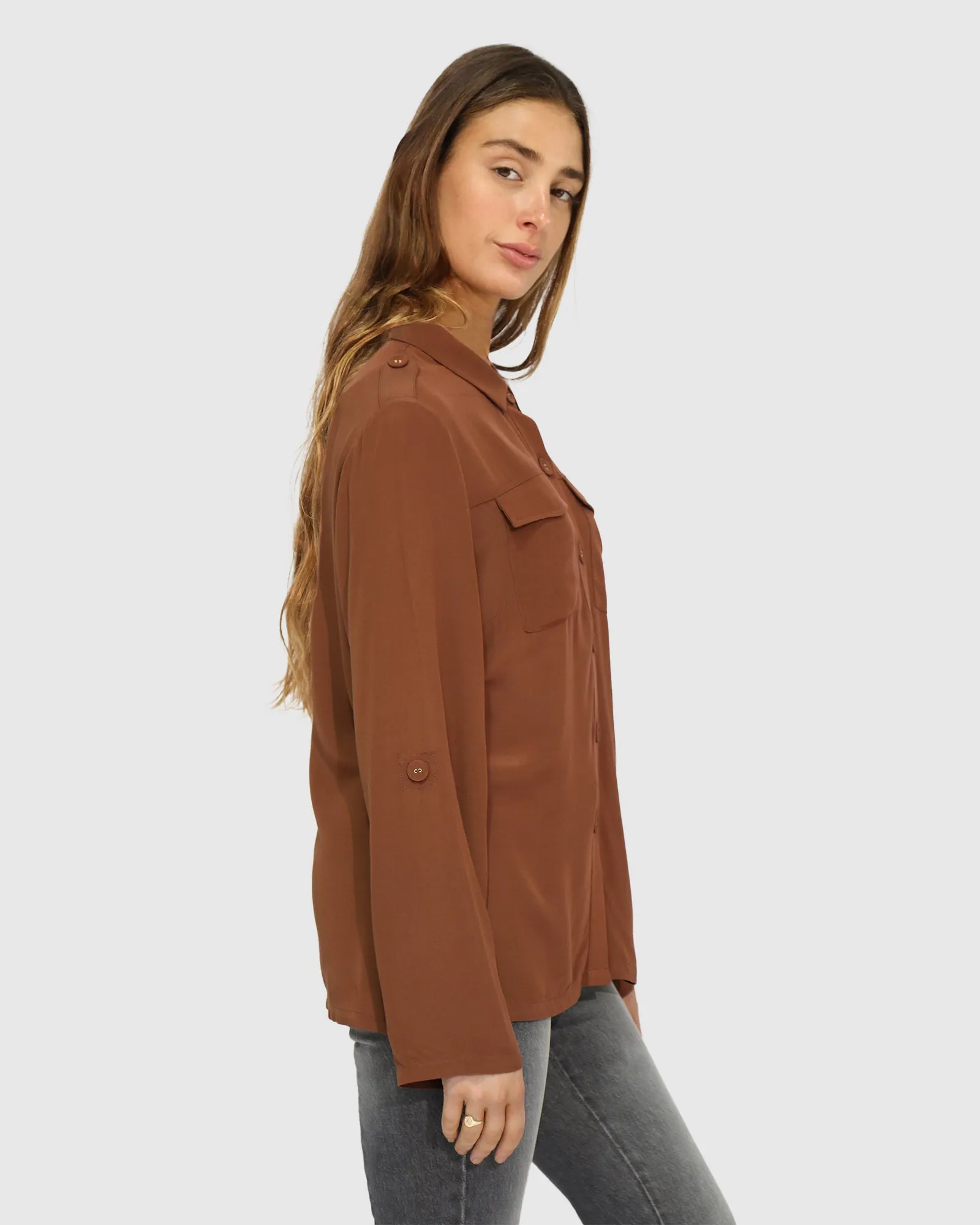 Eclipse Rolled Sleeve Blouse - Chocolate sold by Belle & Bloom product image thumbnail 2