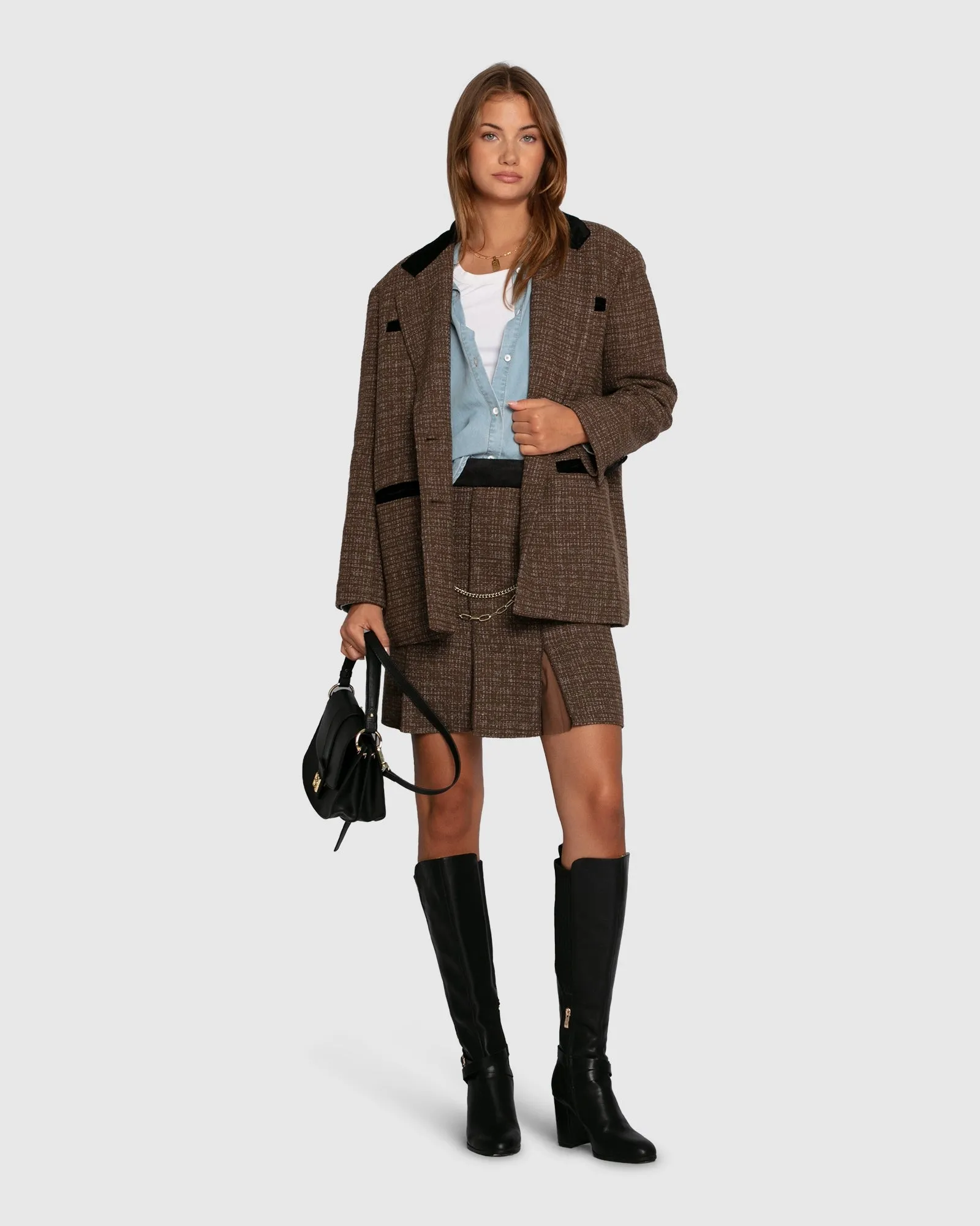 City Noir Tweed Oversized Blazer - Dark Khaki sold by Belle & Bloom