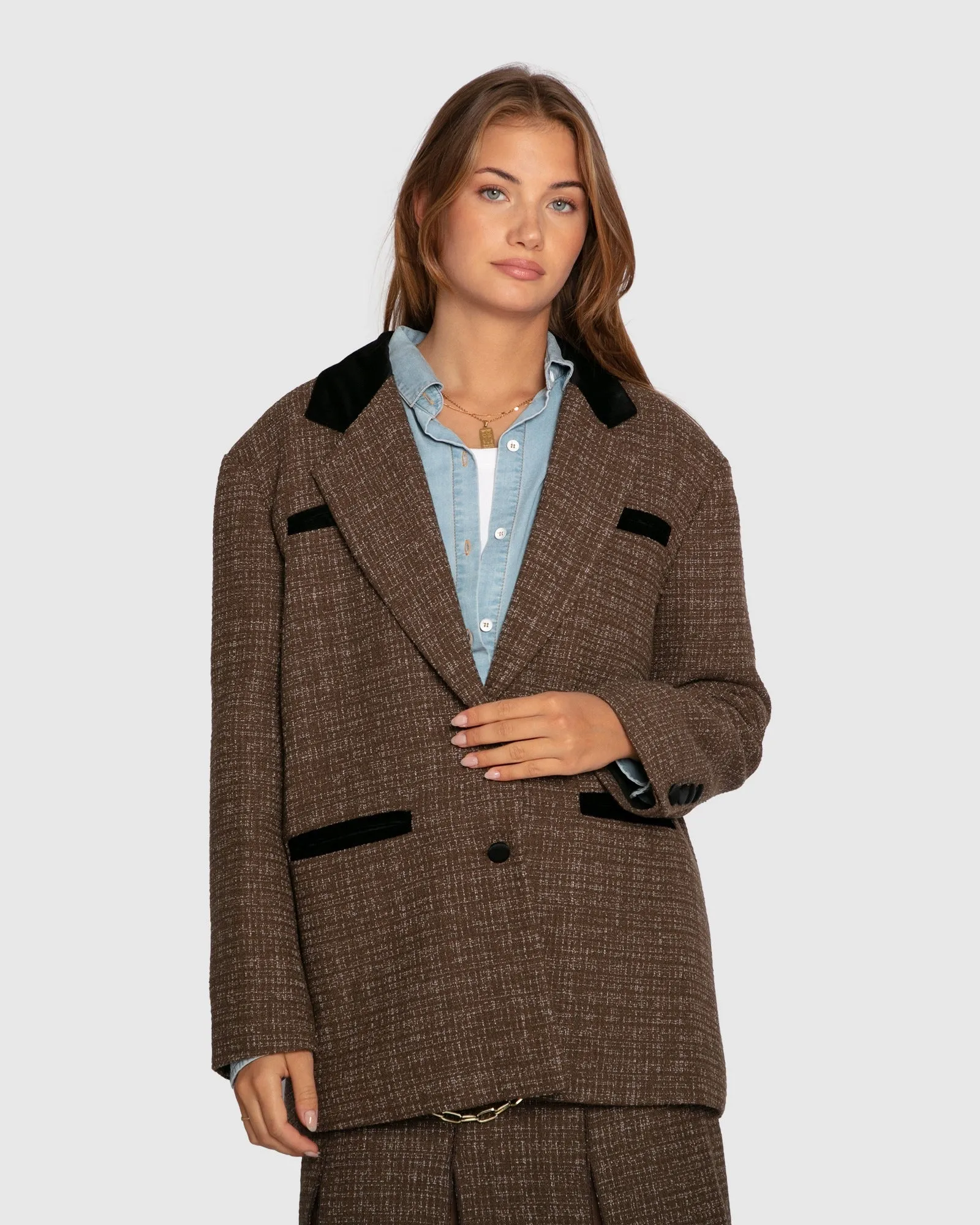 City Noir Tweed Oversized Blazer - Dark Khaki sold by Belle & Bloom product image thumbnail 3