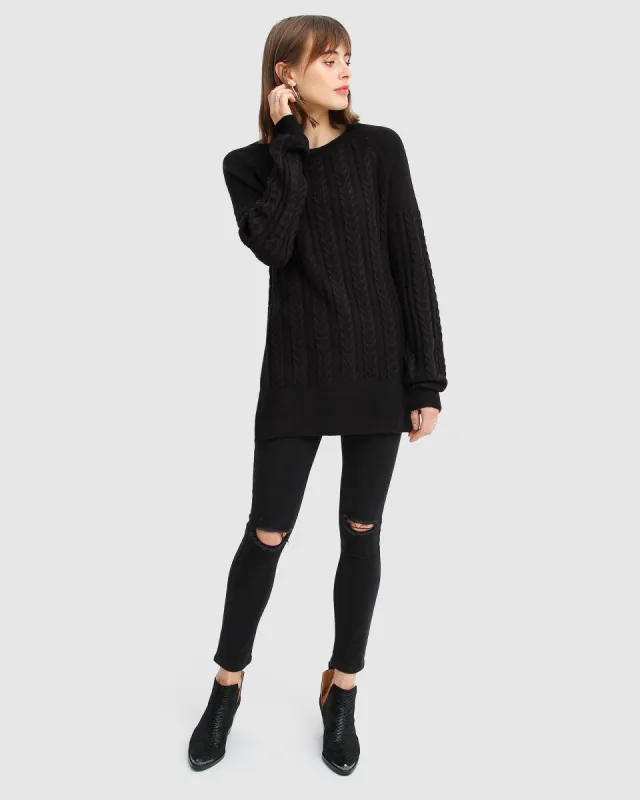 At Last Cable Knit Jumper with Slit - Black sold by Belle & Bloom