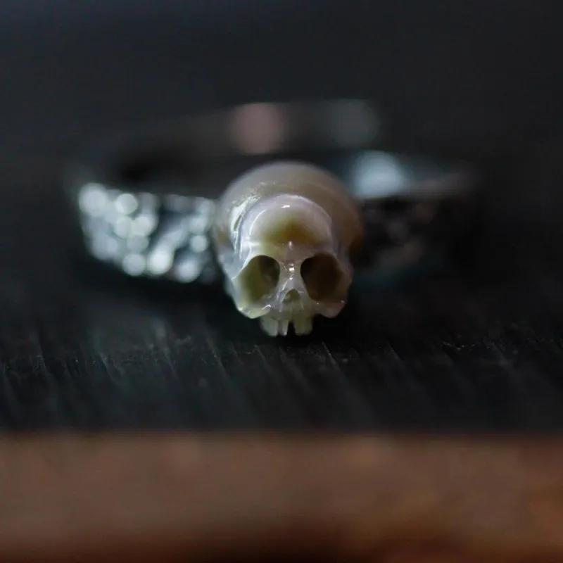 Handmade Embossed Rock Textured Pearl Skull Ring sold by Belle Juri