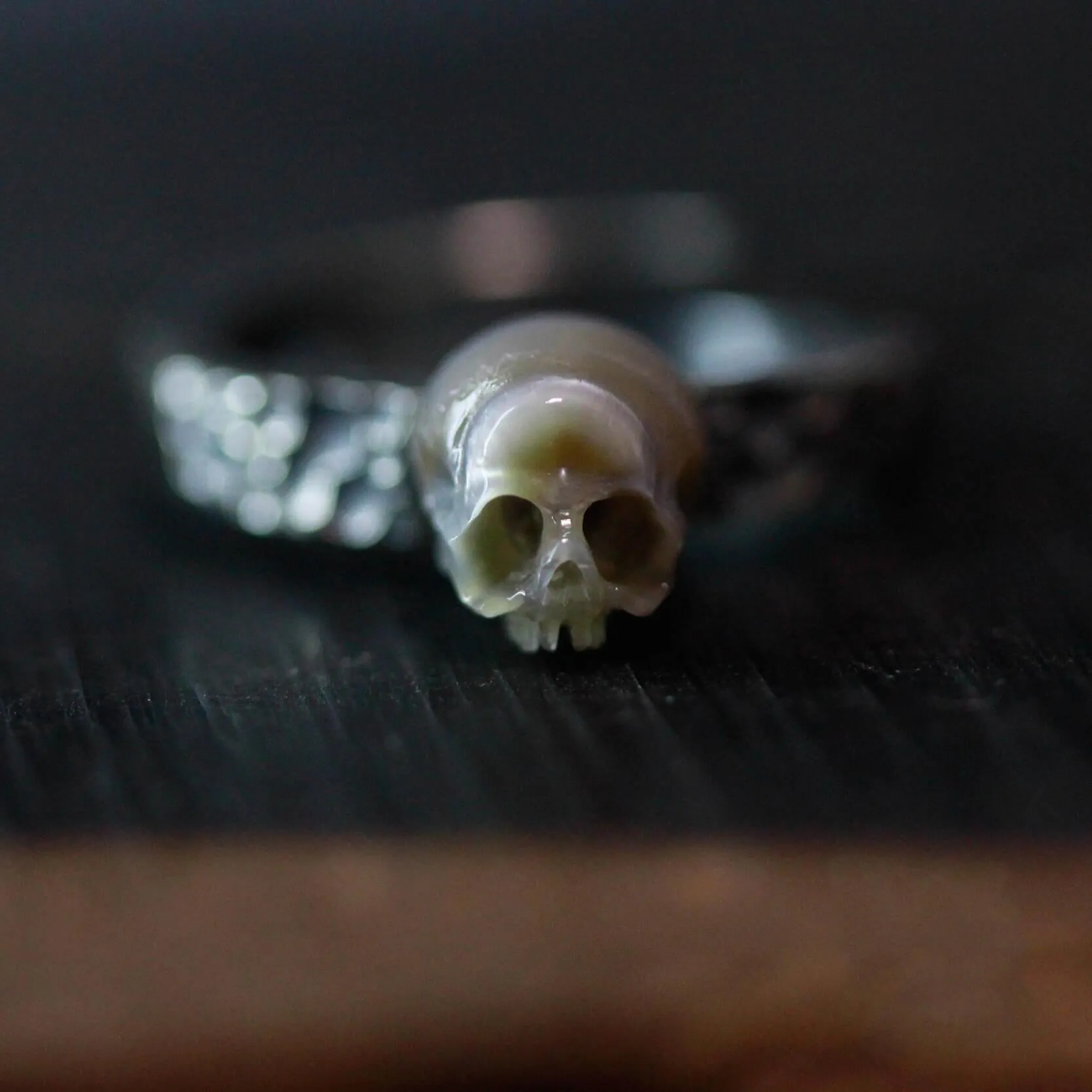 Handmade Embossed Rock Textured Pearl Skull Ring sold by Belle Juri
