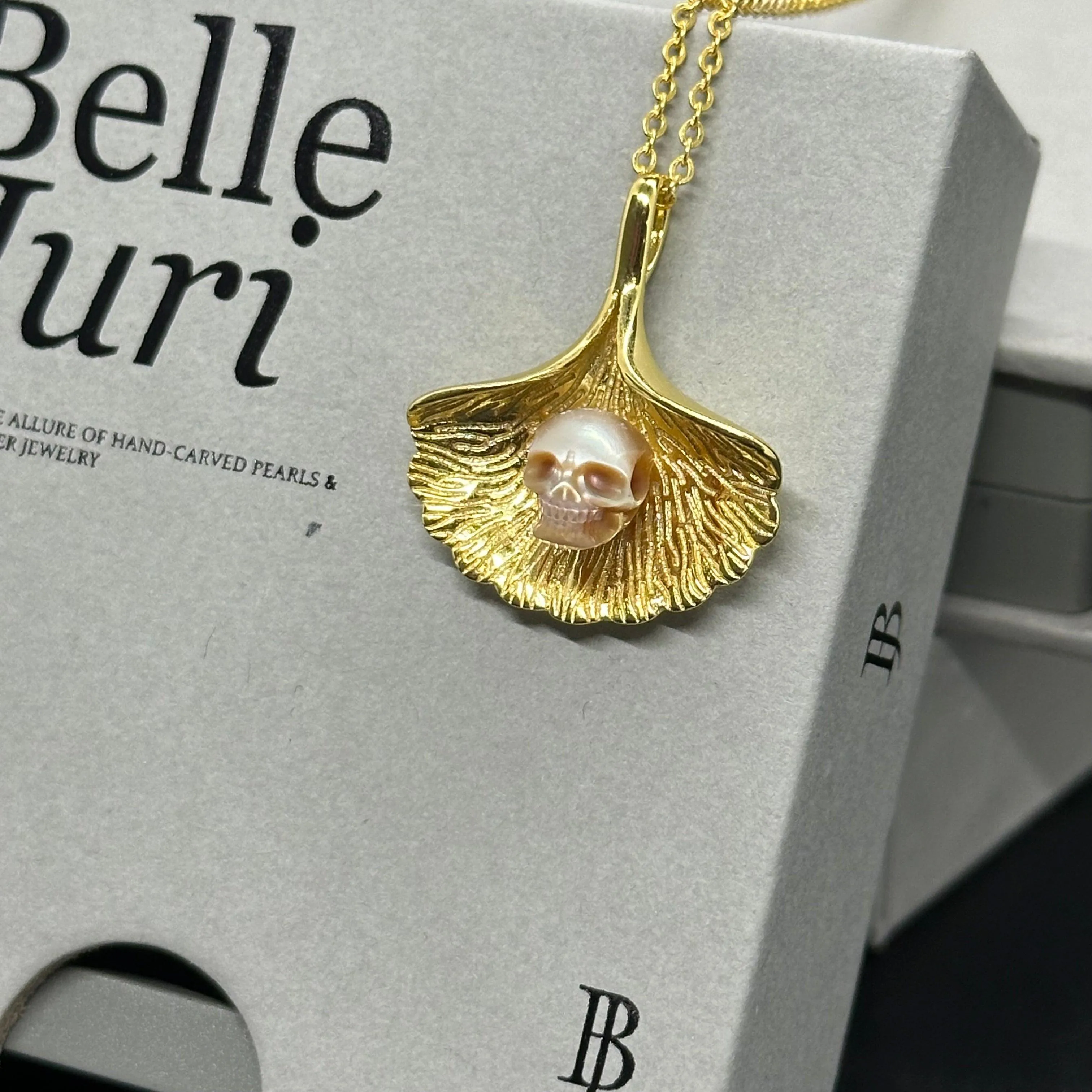 Ginkgo Leaf Pearl Skull Necklace sold by Belle Juri product image thumbnail 2