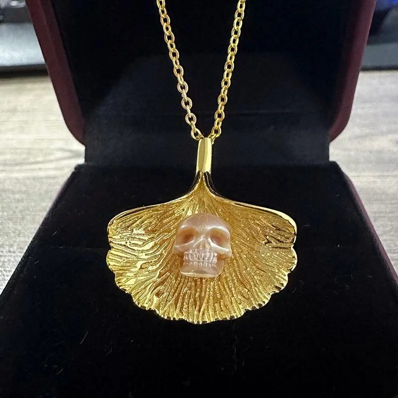 Ginkgo Leaf Pearl Skull Necklace sold by Belle Juri product image thumbnail 3