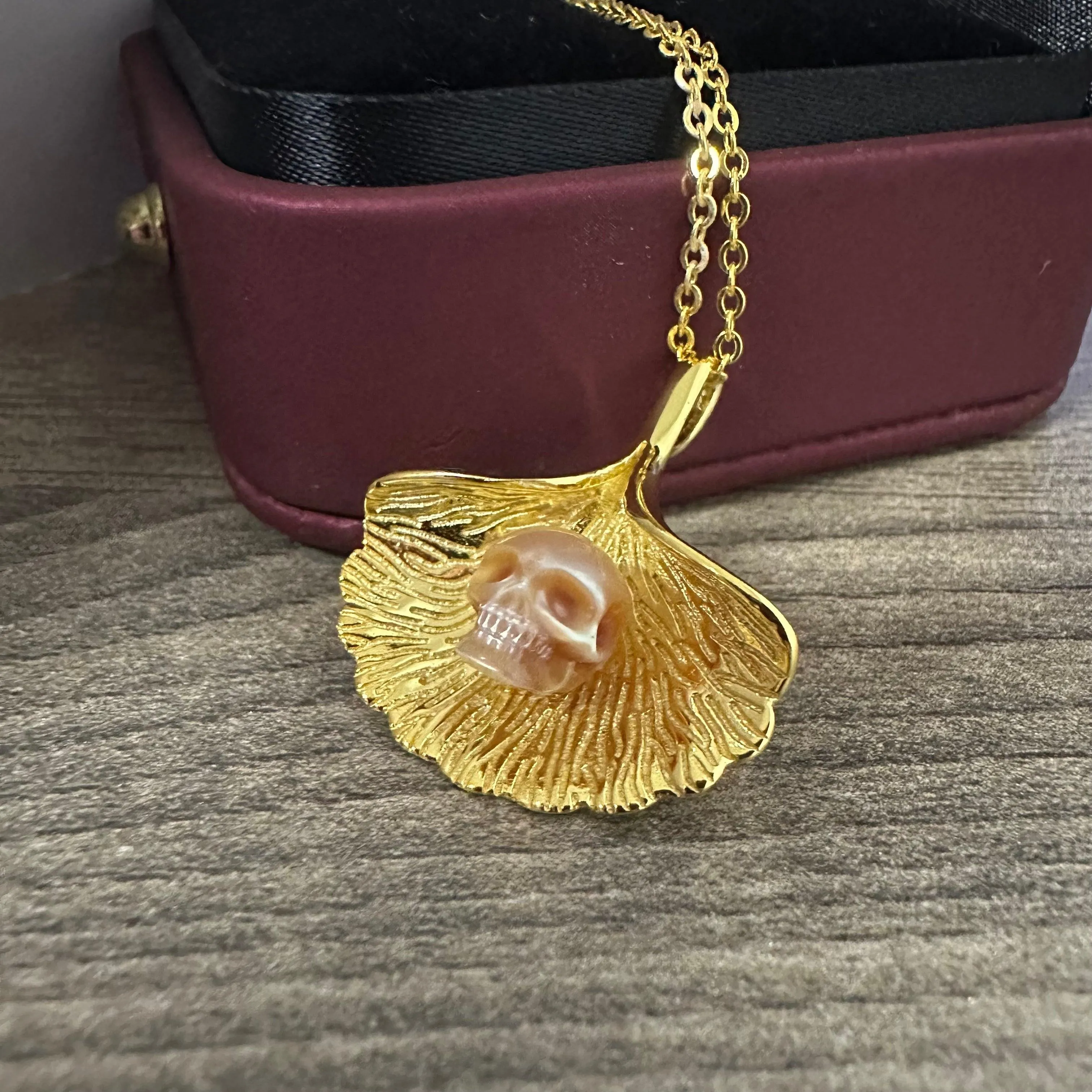Ginkgo Leaf Pearl Skull Necklace sold by Belle Juri
