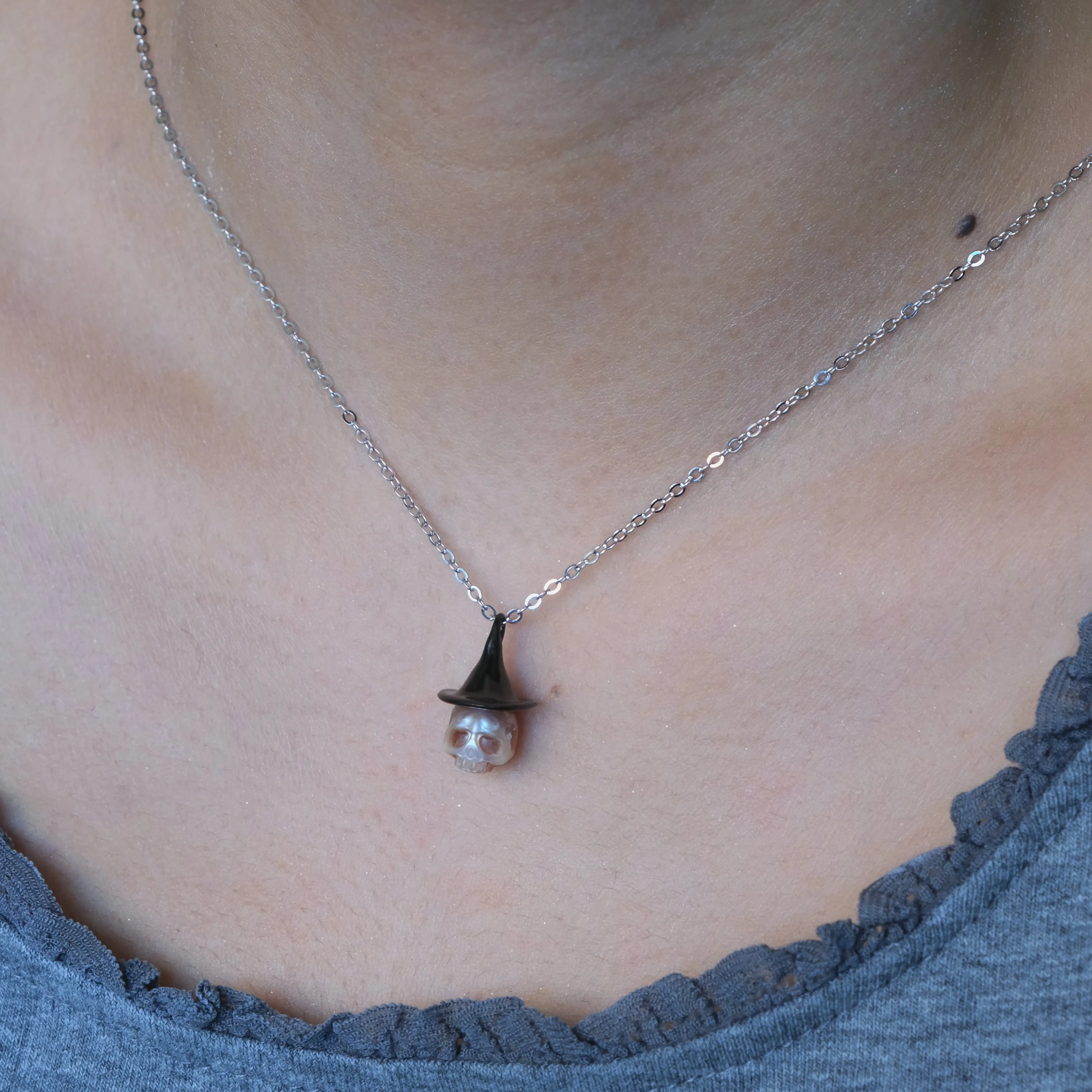 Pearl Carved Cranium Witch Hat Pendant sold by Belle Juri product image thumbnail 2