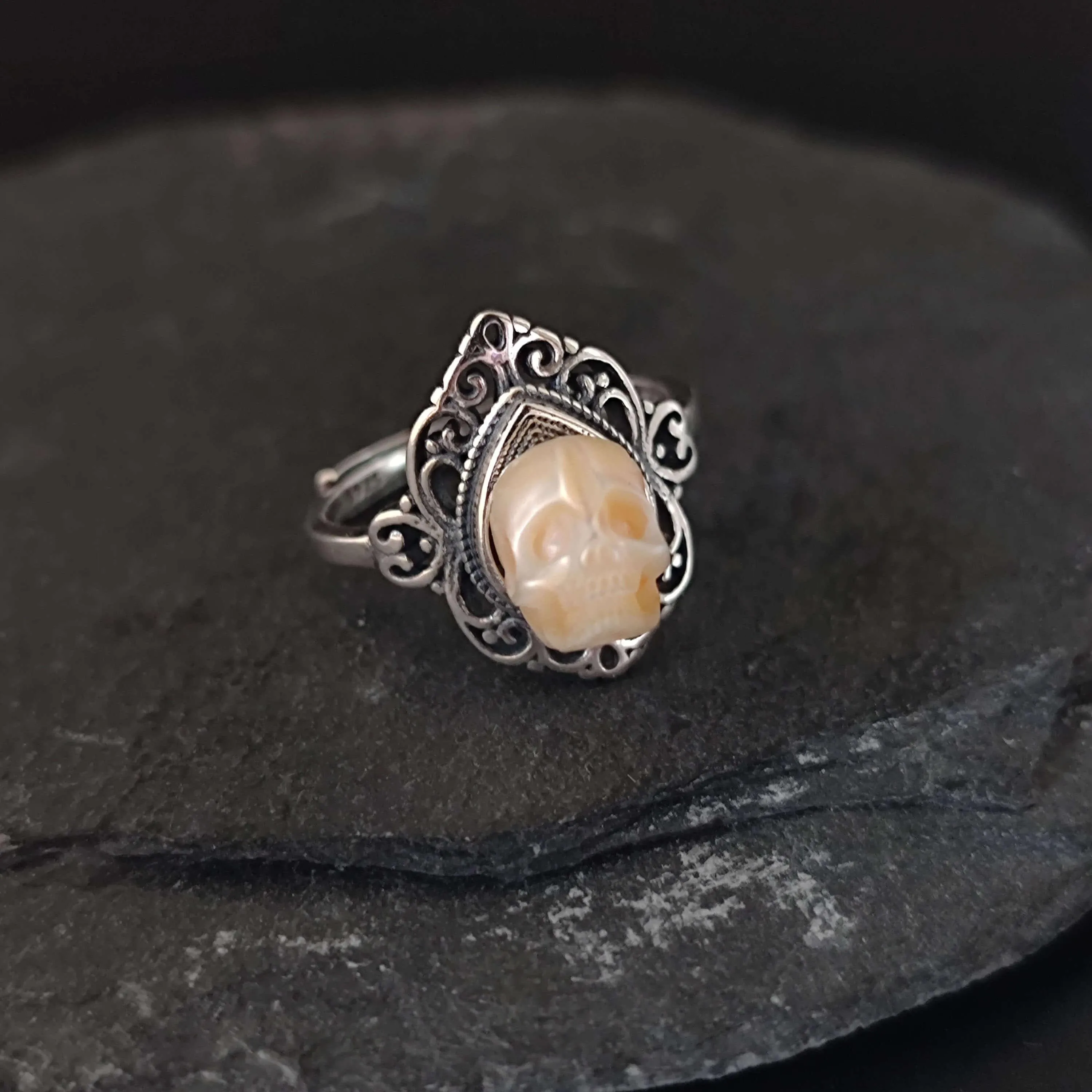 Retro Palace Pattern Hollow Carved Pearl Skull Ring sold by Belle Juri product image thumbnail 4