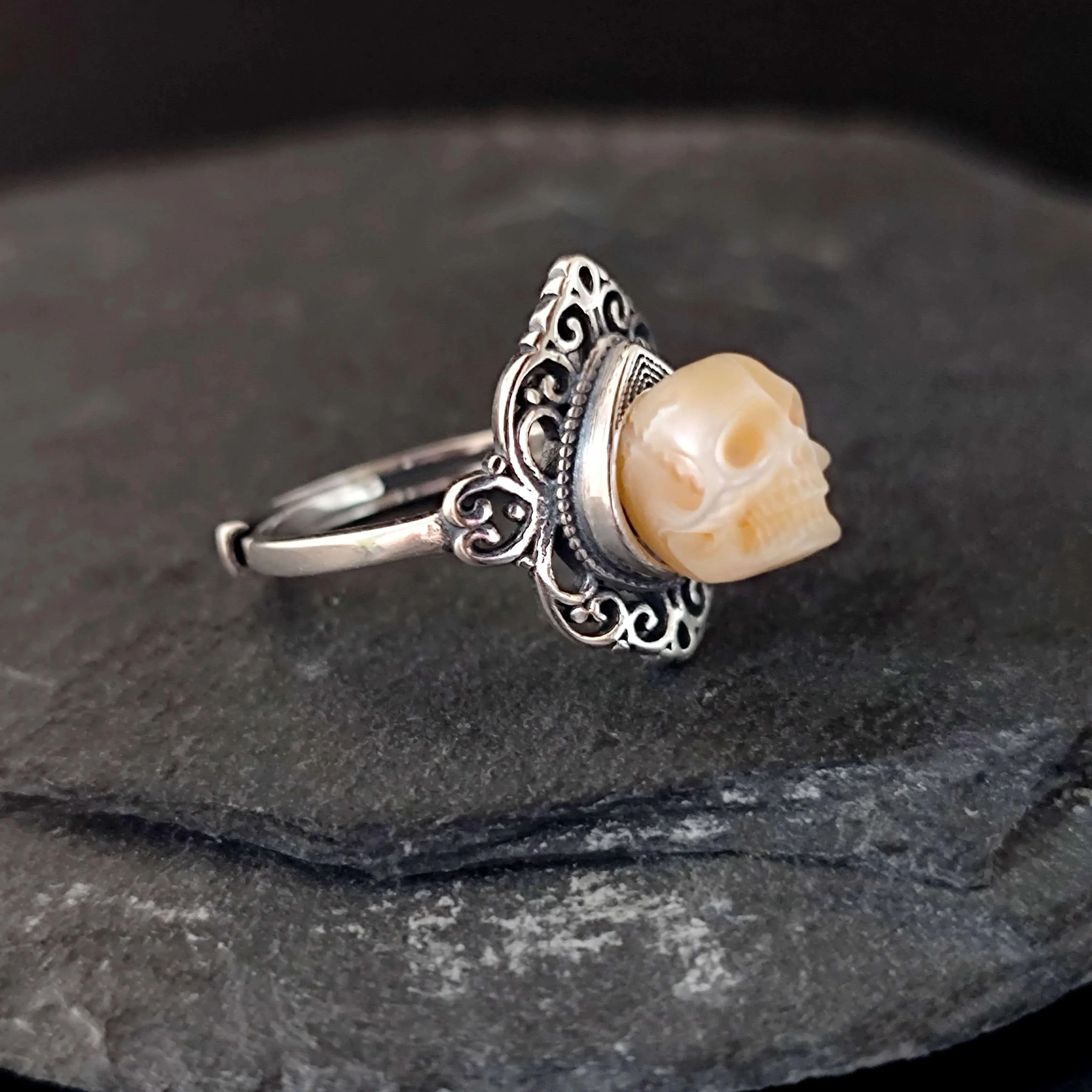 Retro Palace Pattern Hollow Carved Pearl Skull Ring sold by Belle Juri product image thumbnail 5