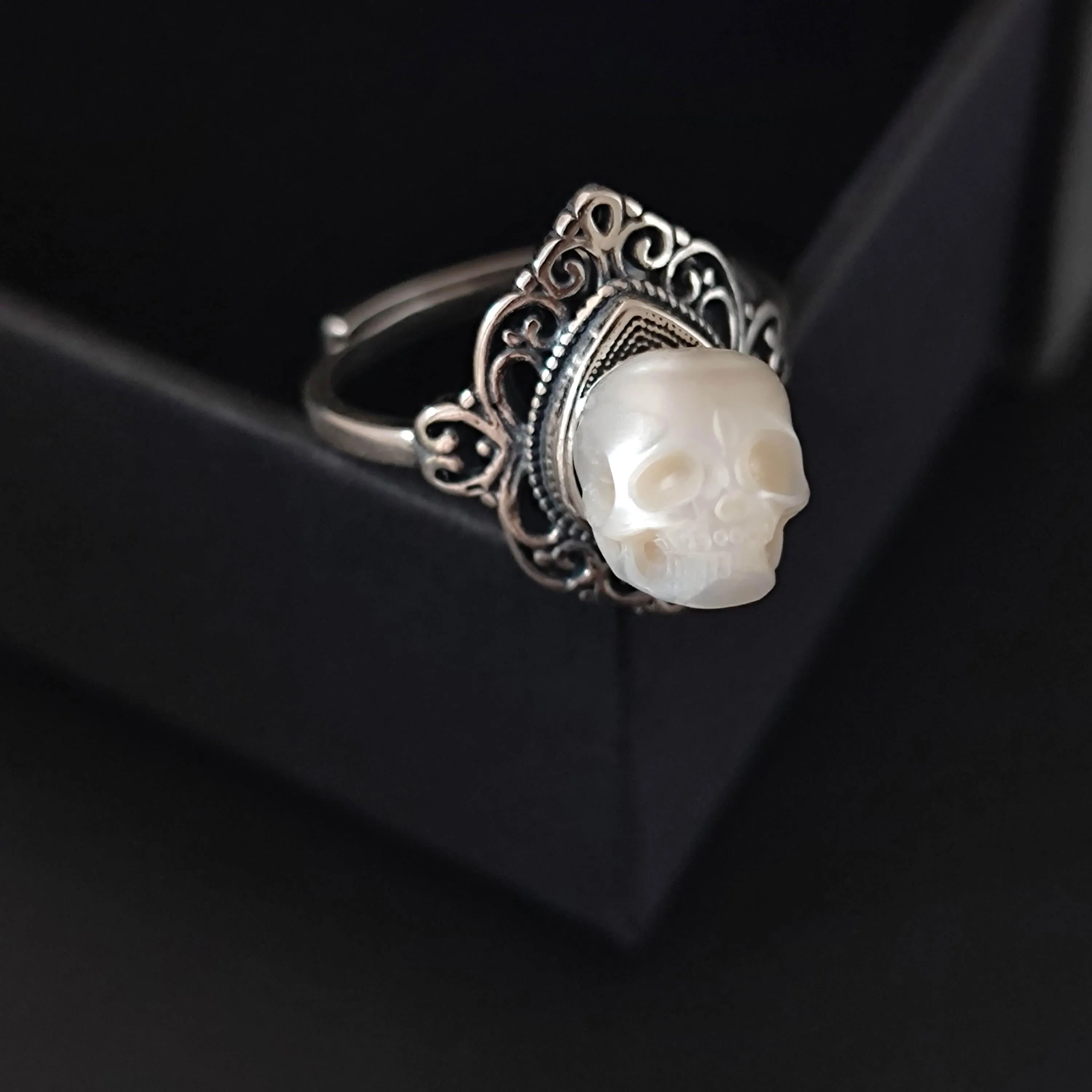 Retro Palace Pattern Hollow Carved Pearl Skull Ring sold by Belle Juri product image thumbnail 3