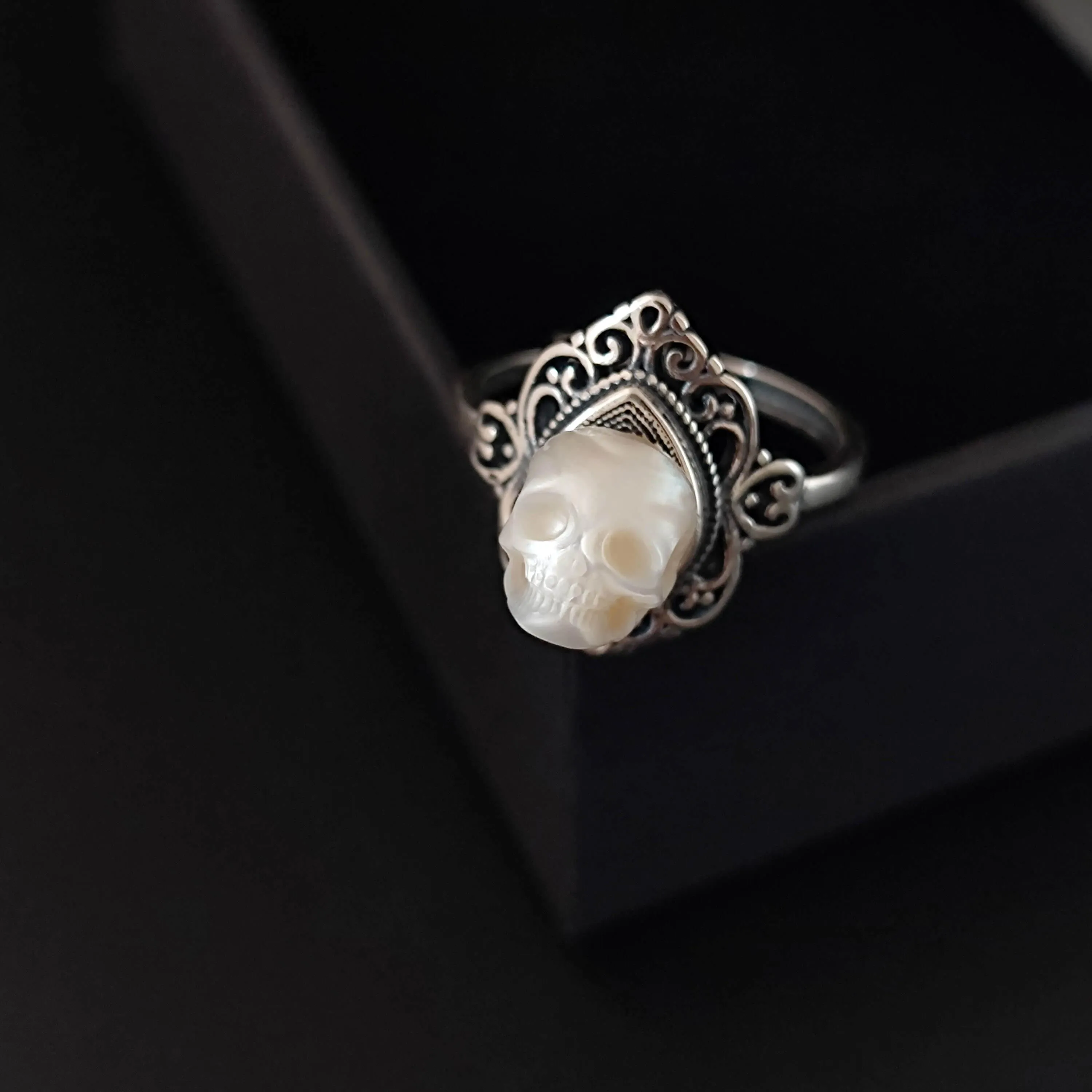 Retro Palace Pattern Hollow Carved Pearl Skull Ring sold by Belle Juri product image thumbnail 2