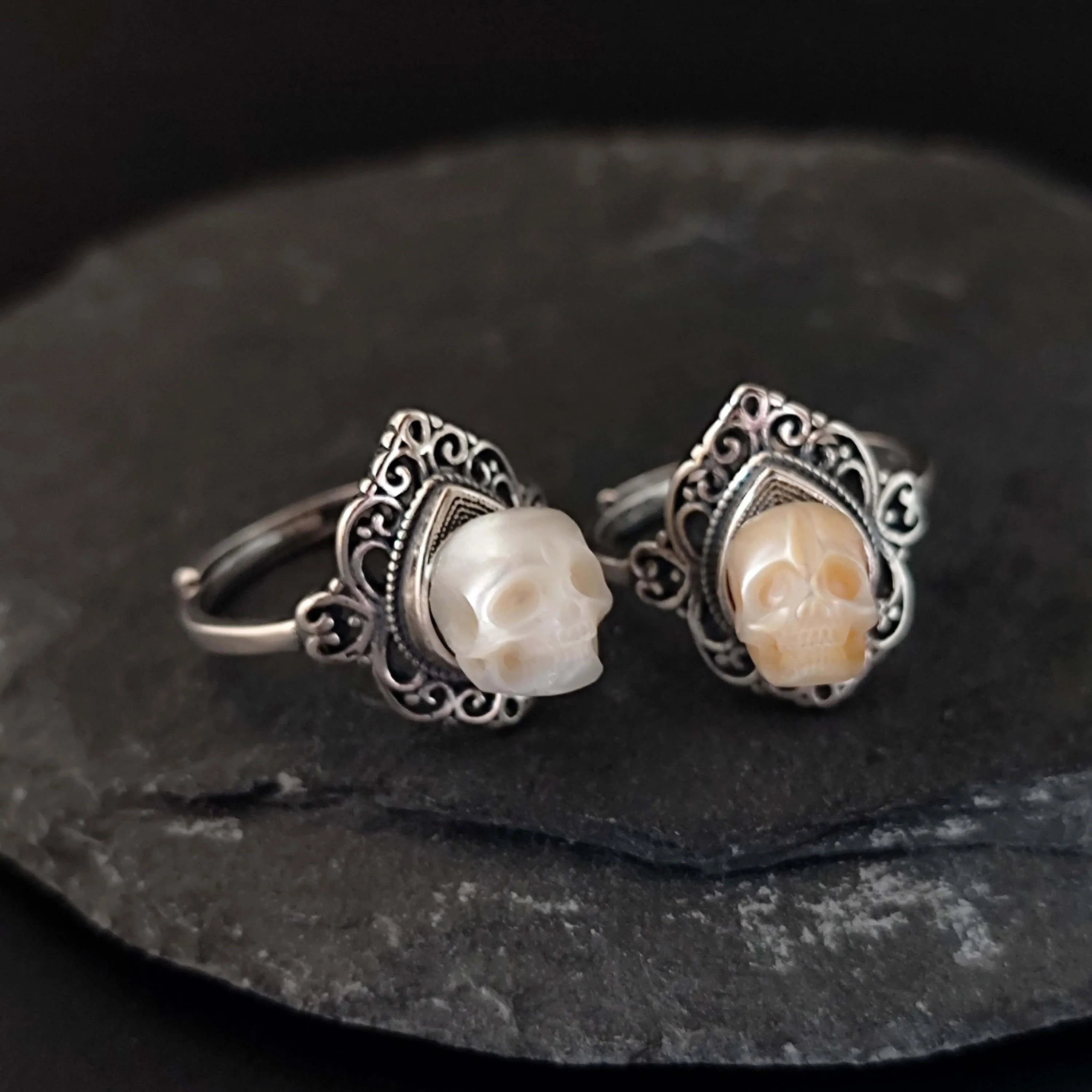 Retro Palace Pattern Hollow Carved Pearl Skull Ring sold by Belle Juri