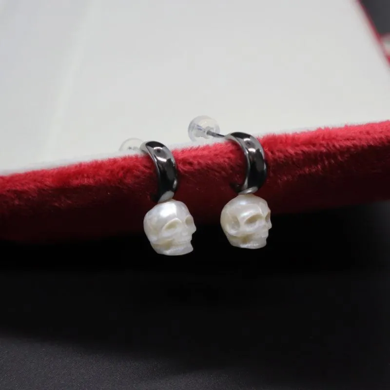 Crescent Pearl Skull Black Gold Plated Earrings sold by Belle Juri