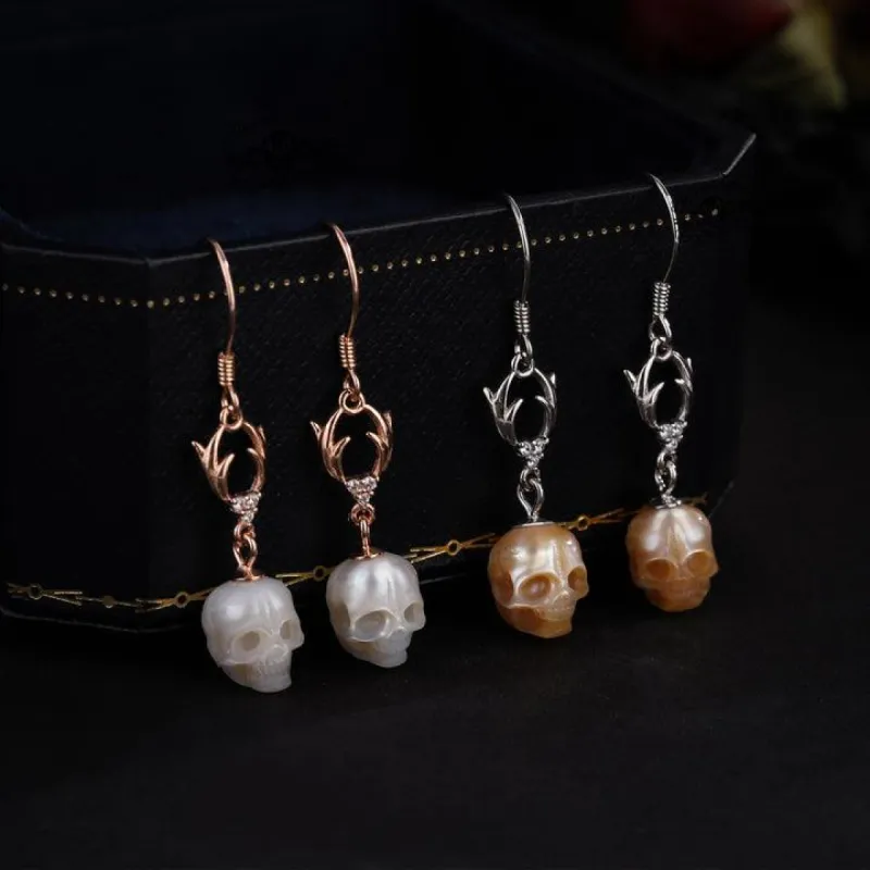 Simple Pearl Skull Reindeer CZ Drop Earrings sold by Belle Juri