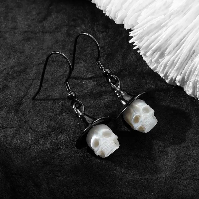 Witch Hat Pearl Carved Skull Earrings sold by Belle Juri
