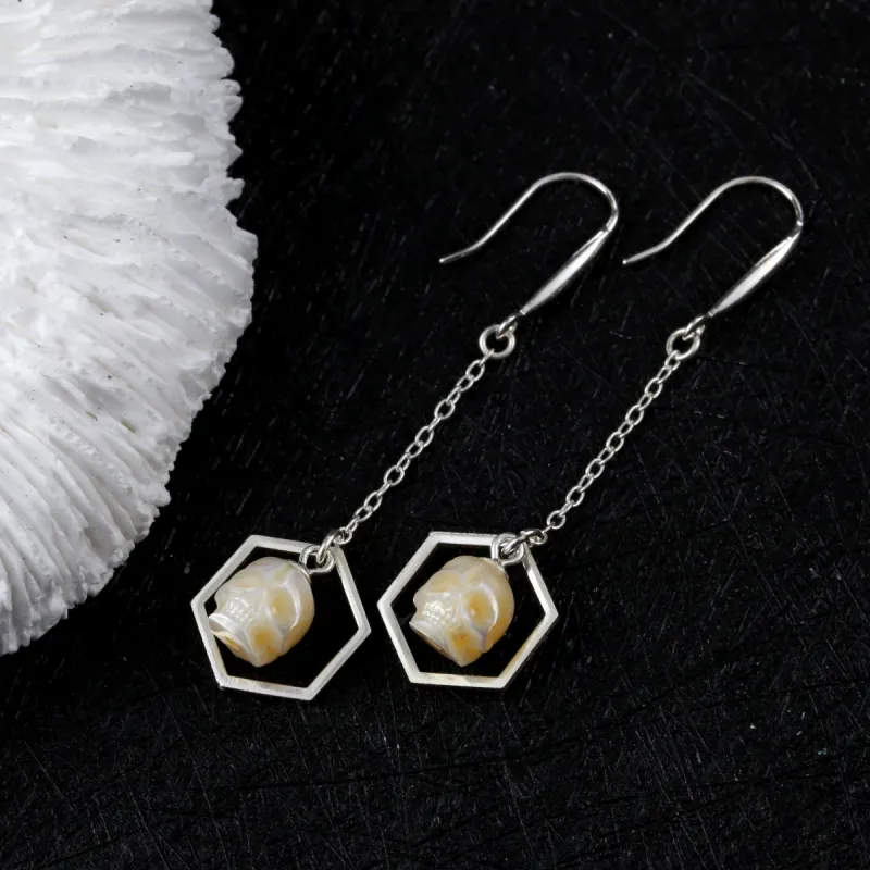 Geometric Hexagonal Pearl Skull Drop Earrings sold by Belle Juri