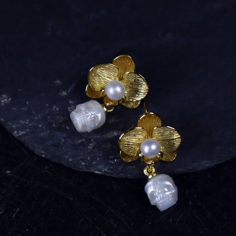 Phalaenopsis Pearl Skull Stud Earrings sold by Belle Juri