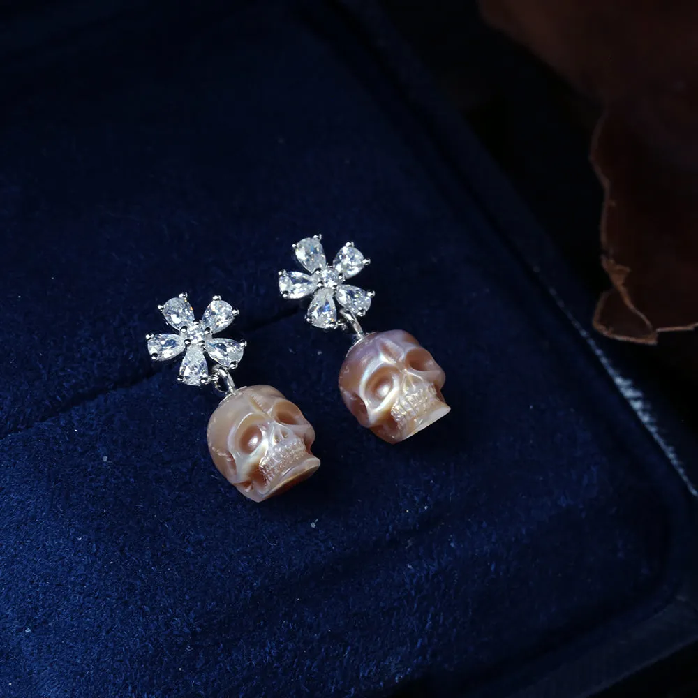 Floral Pear Cut Pearl Skull Dangle Earrings sold by Belle Juri product image thumbnail 2