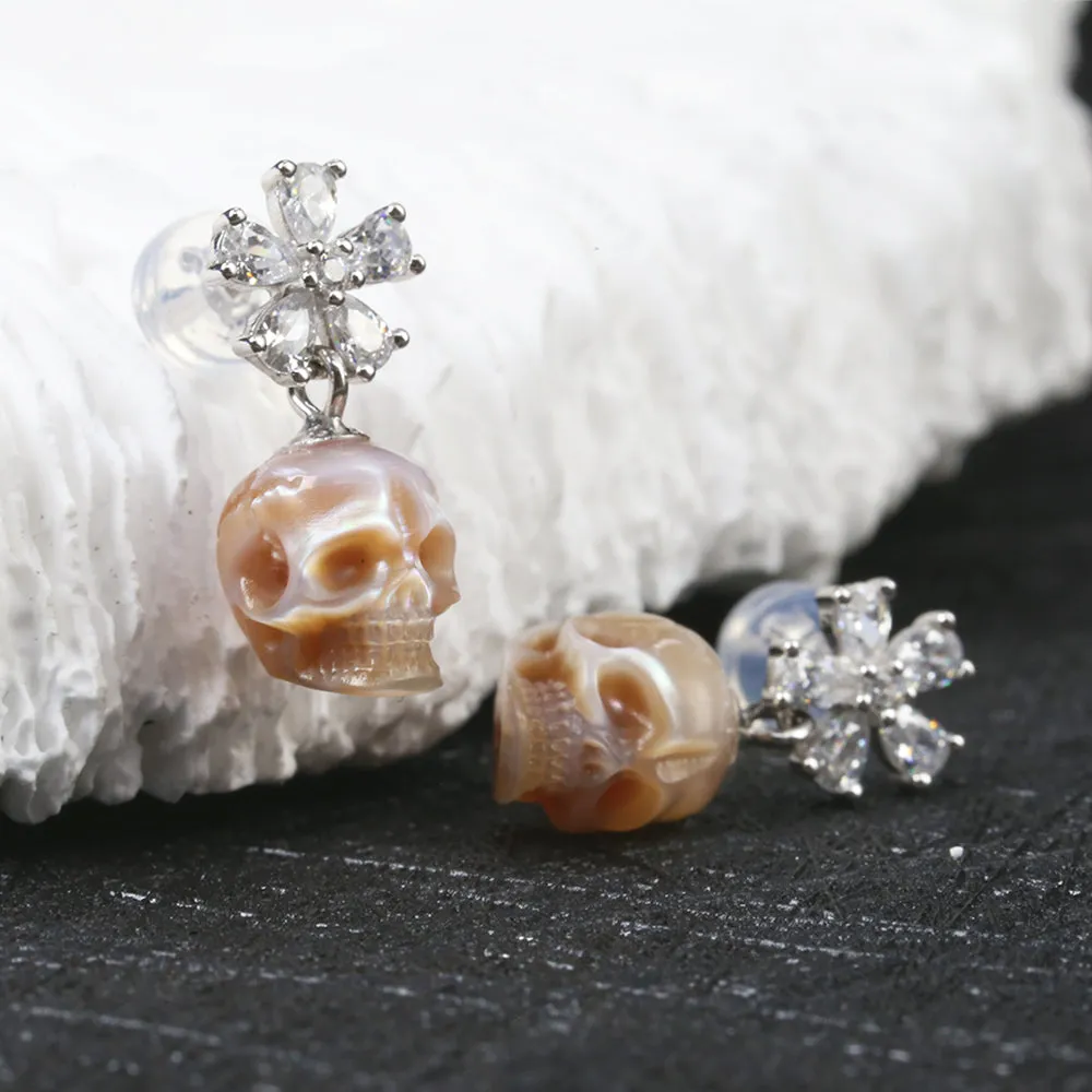 Floral Pear Cut Pearl Skull Dangle Earrings sold by Belle Juri