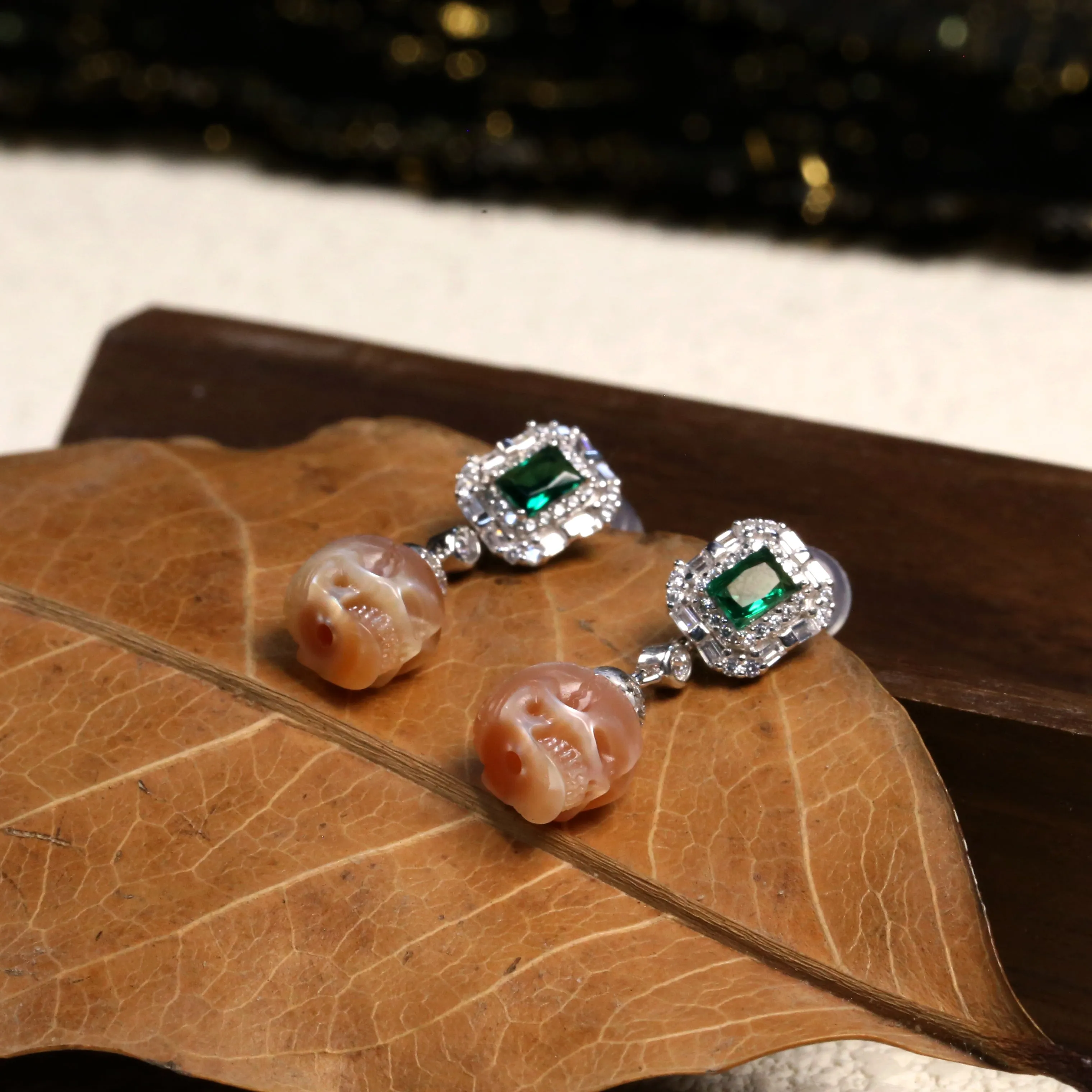 Emerald CZ Halo Pearl Skull Dangle Earrings sold by Belle Juri product image thumbnail 5