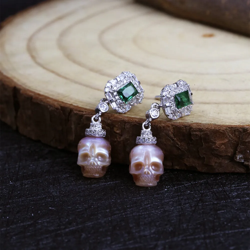 Emerald CZ Halo Pearl Skull Dangle Earrings sold by Belle Juri product image thumbnail 2