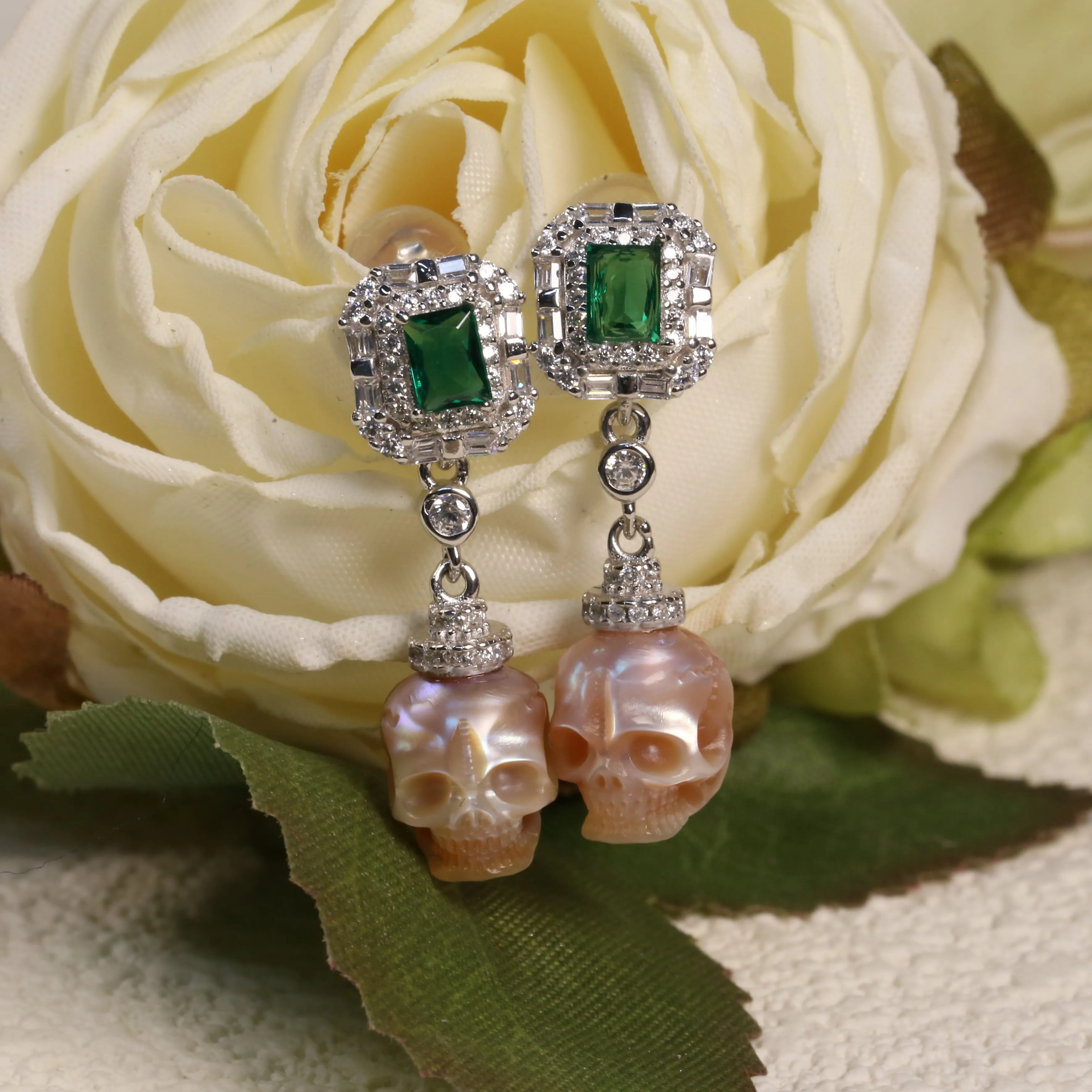 Emerald CZ Halo Pearl Skull Dangle Earrings sold by Belle Juri product image thumbnail 3