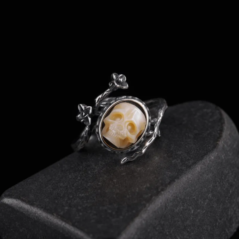 Memento Mori Pearl Skull Flower Vine Branch Ring sold by Belle Juri