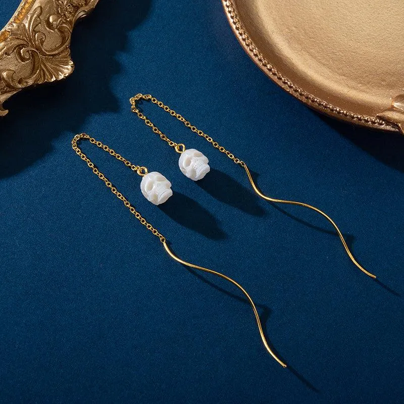 Dainty Squiggle Pearl Skull Threader Earrings sold by Belle Juri product image thumbnail 2