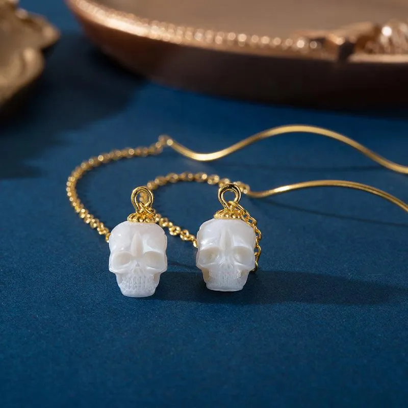 Dainty Squiggle Pearl Skull Threader Earrings sold by Belle Juri