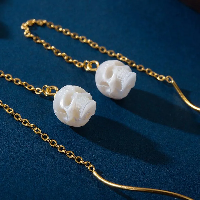 Dainty Squiggle Pearl Skull Threader Earrings sold by Belle Juri product image thumbnail 3