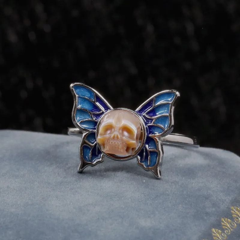 Art Deco Pearl Skull Butterfly Ring sold by Belle Juri