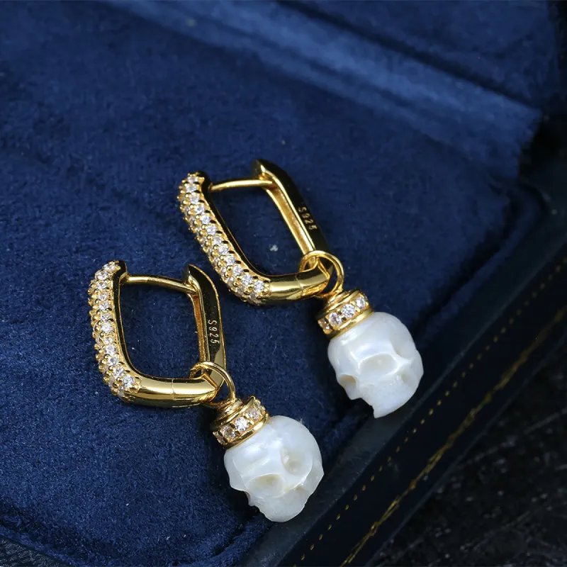 Detachable CZ Pearl Skull Hoop Earrings sold by Belle Juri