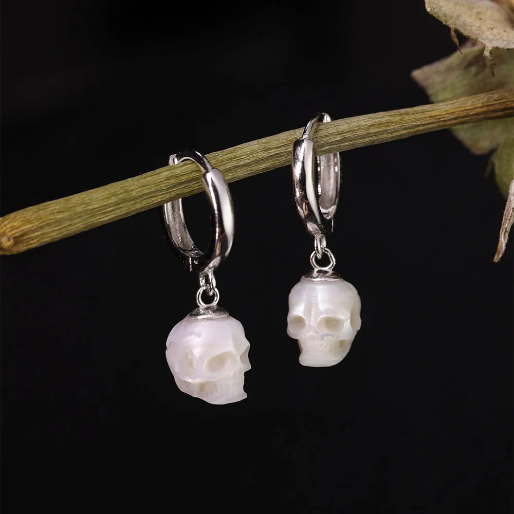 Classic Skull Pearl Drop Huggie Hoop Earrings sold by Belle Juri