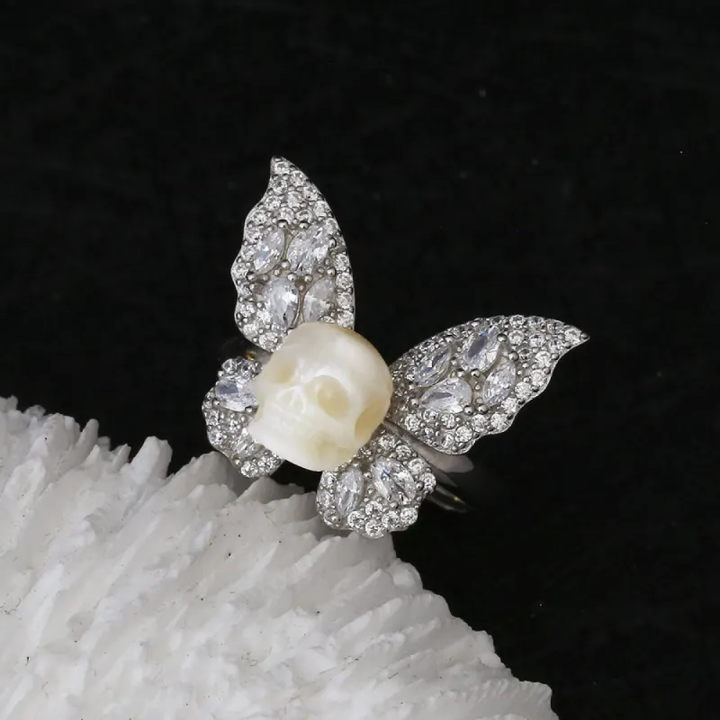 Exquisite CZ Butterfly Pearl Skull Ring sold by Belle Juri