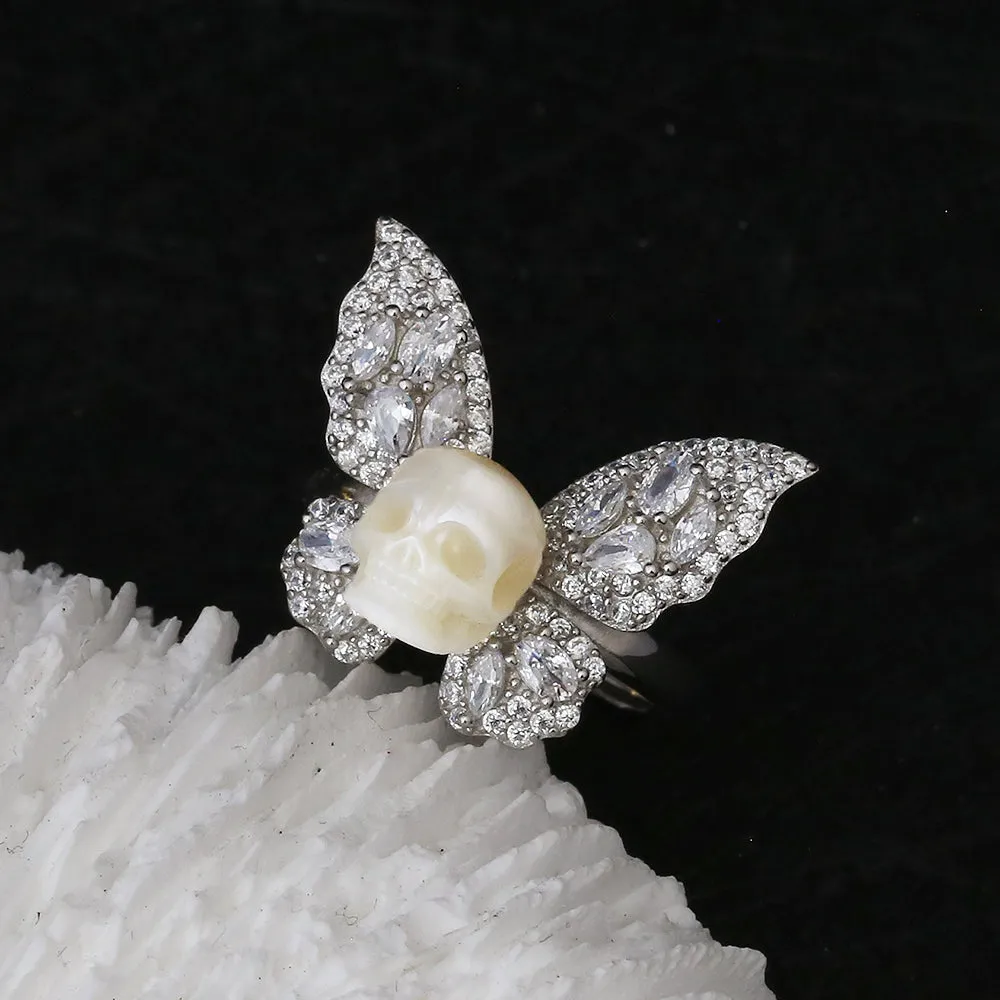Exquisite CZ Butterfly Pearl Skull Ring sold by Belle Juri