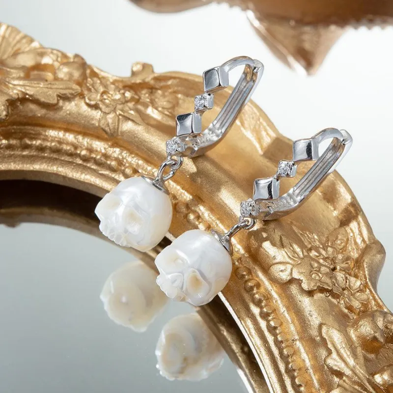 Art Deco Pearl Cranium CZ Hoop Earrings sold by Belle Juri