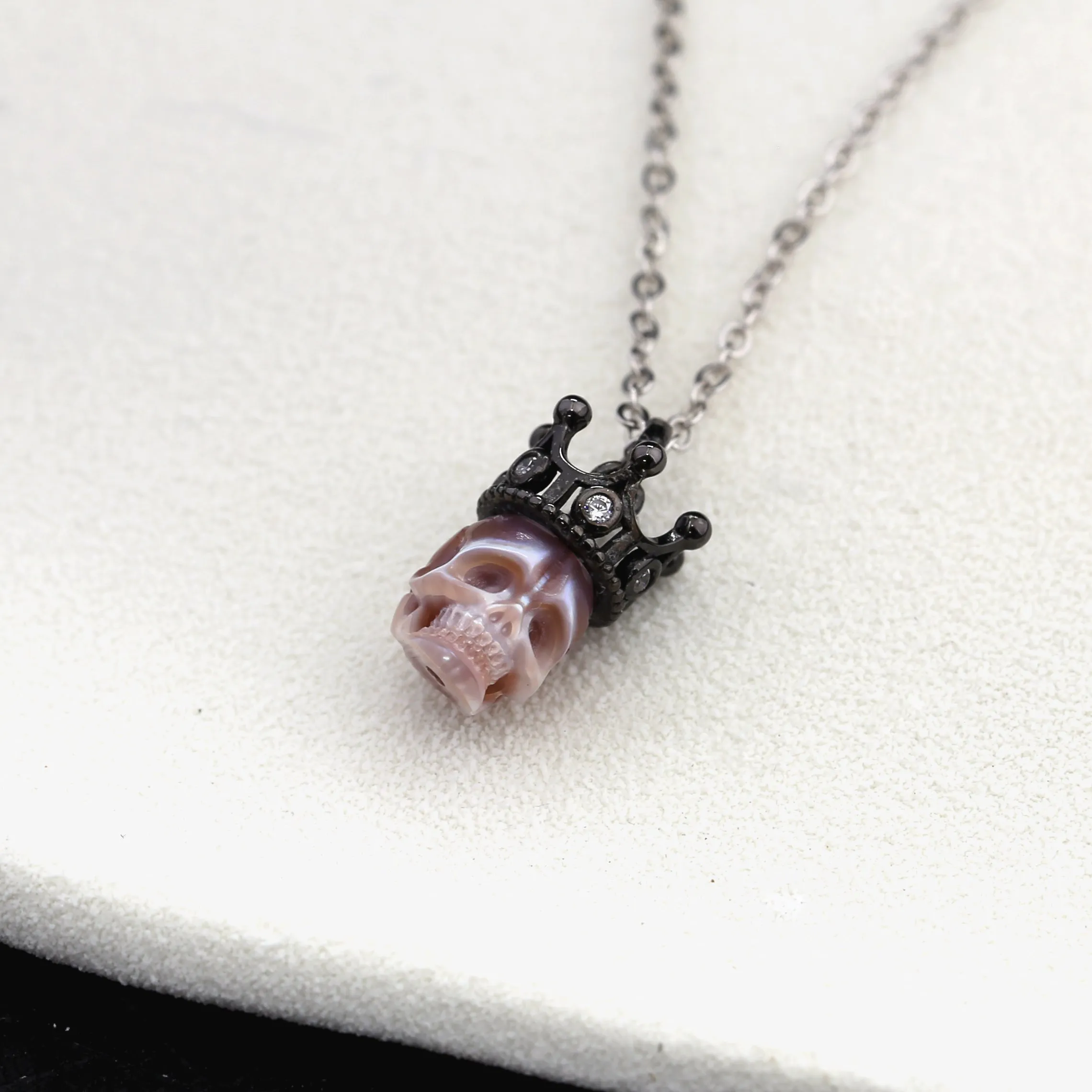 Black Crown CZ Pearl Skull Pendant Necklace sold by Belle Juri product image thumbnail 4
