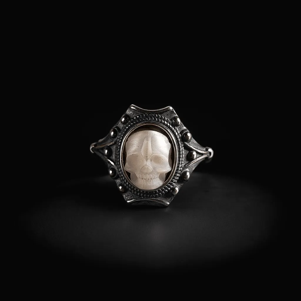 The Royal Shield Grandeur Pearl Skull Ring sold by Belle Juri