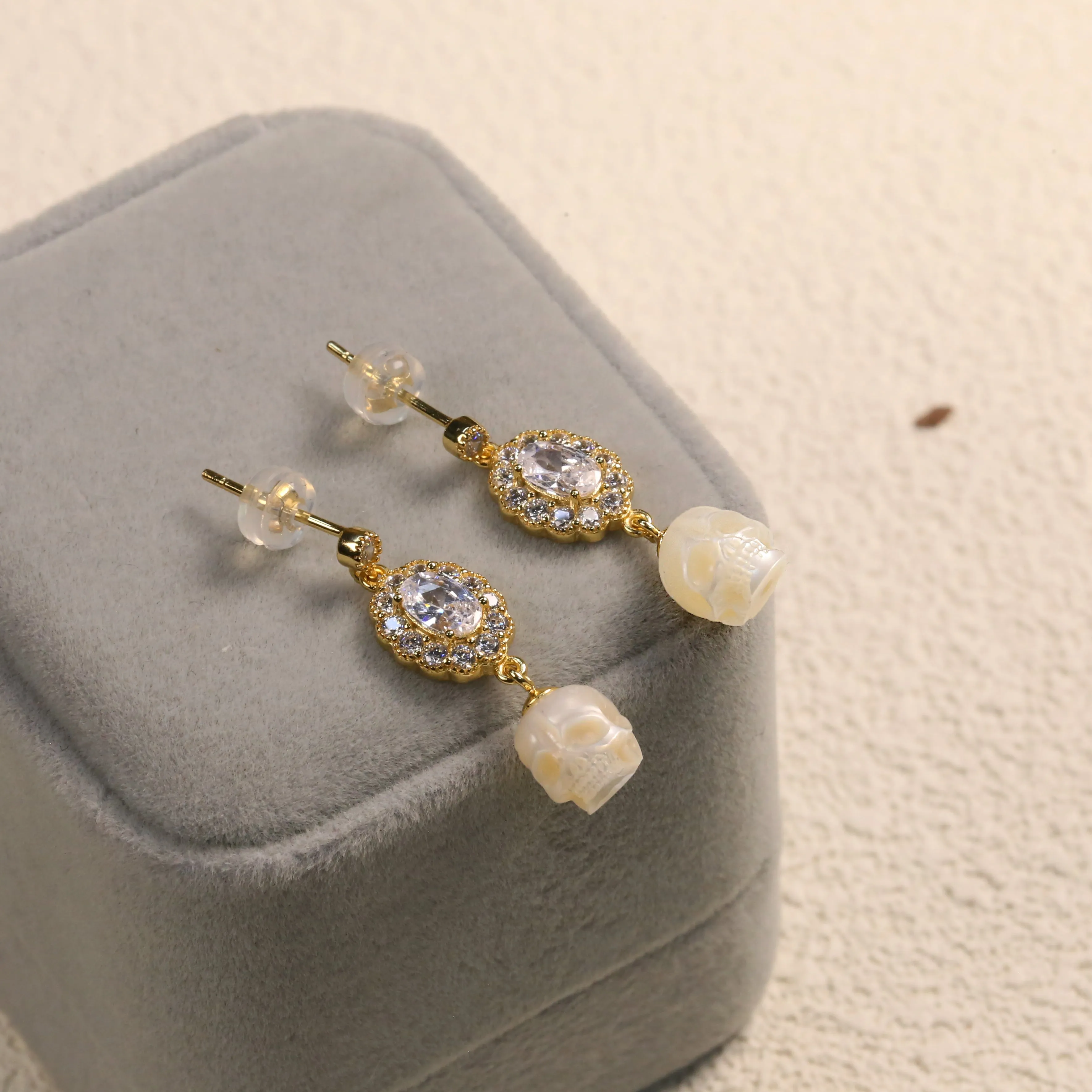 Vintage Oval Halo CZ Pearl Skull Earrings sold by Belle Juri product image thumbnail 2