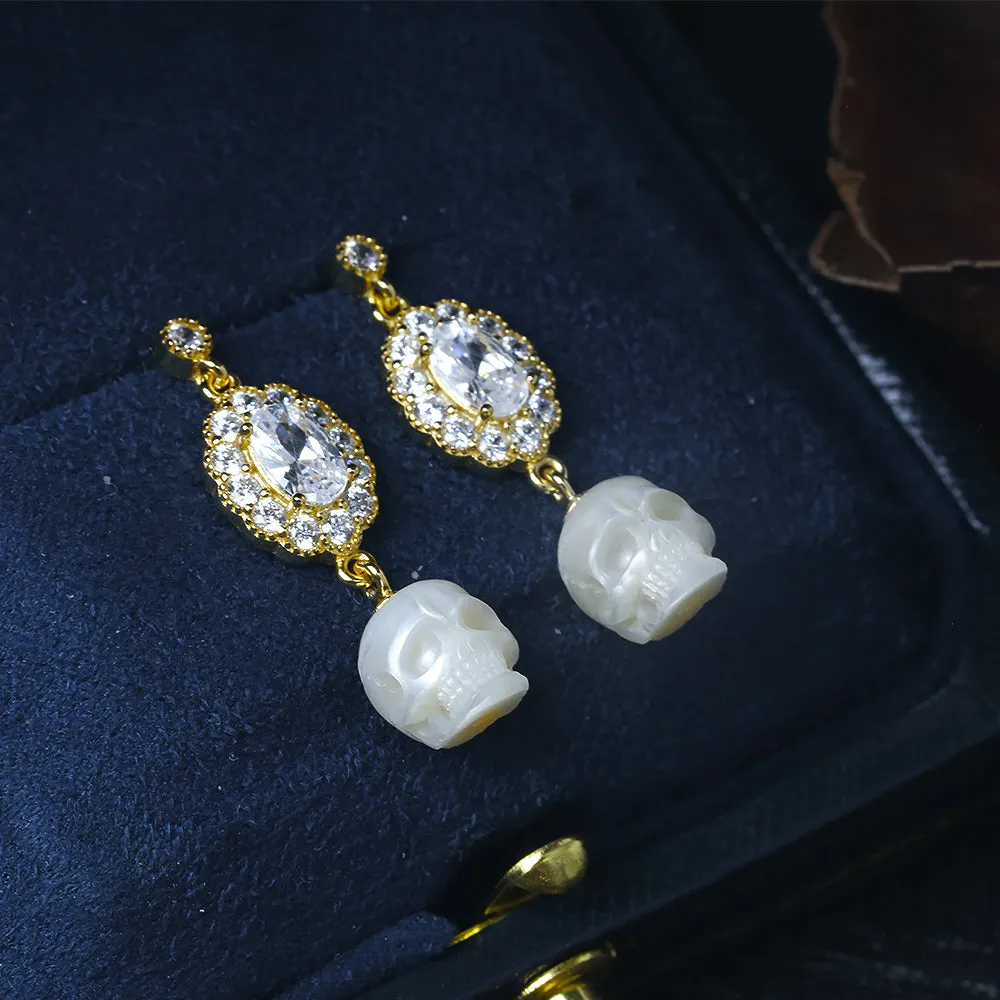 Vintage Oval Halo CZ Pearl Skull Earrings sold by Belle Juri