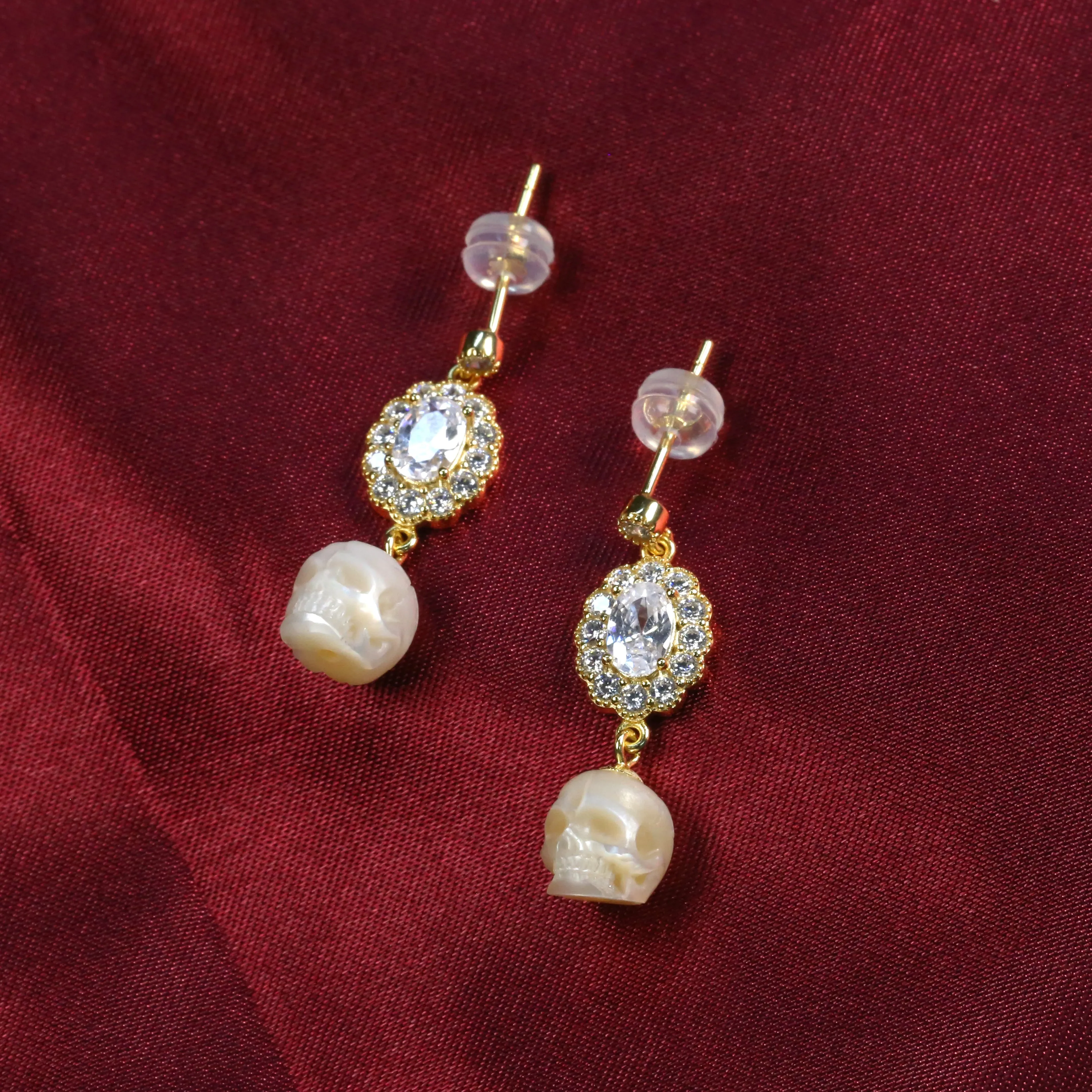 Vintage Oval Halo CZ Pearl Skull Earrings sold by Belle Juri product image thumbnail 3
