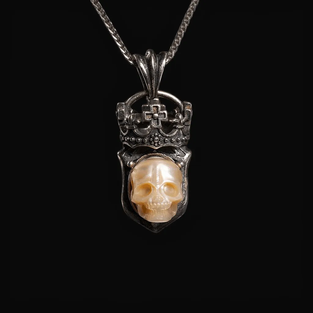 Vintage Pearl Skull Cross Crown Necklace sold by Belle Juri