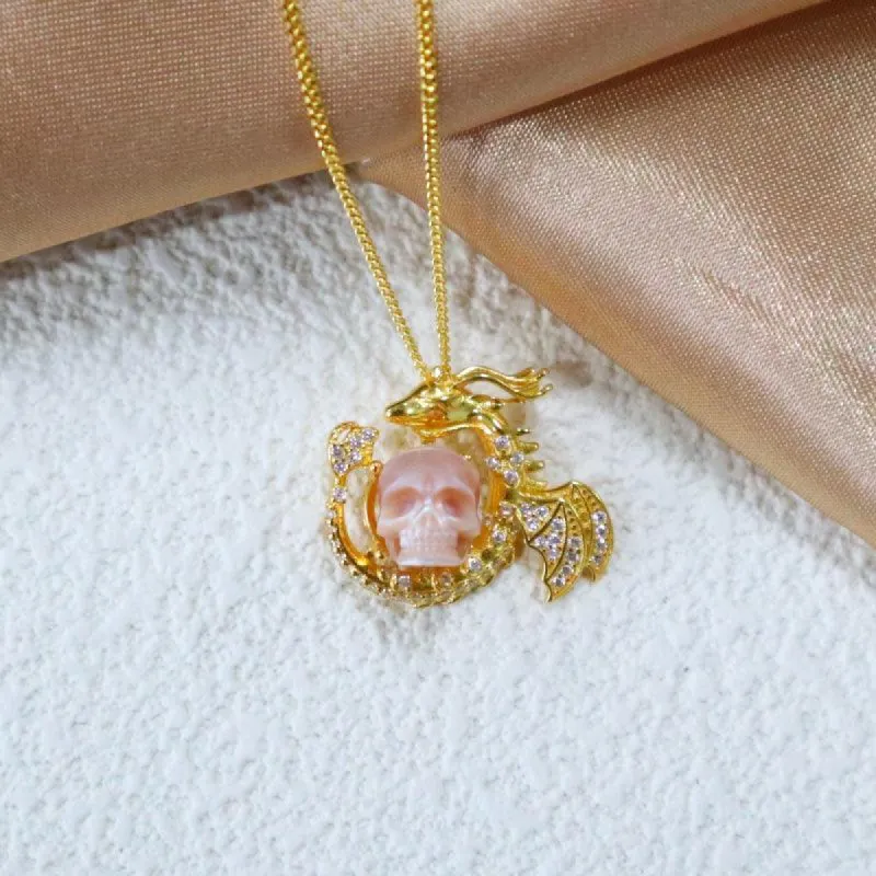 Golden Dragon Pearl Skull CZ Necklace sold by Belle Juri