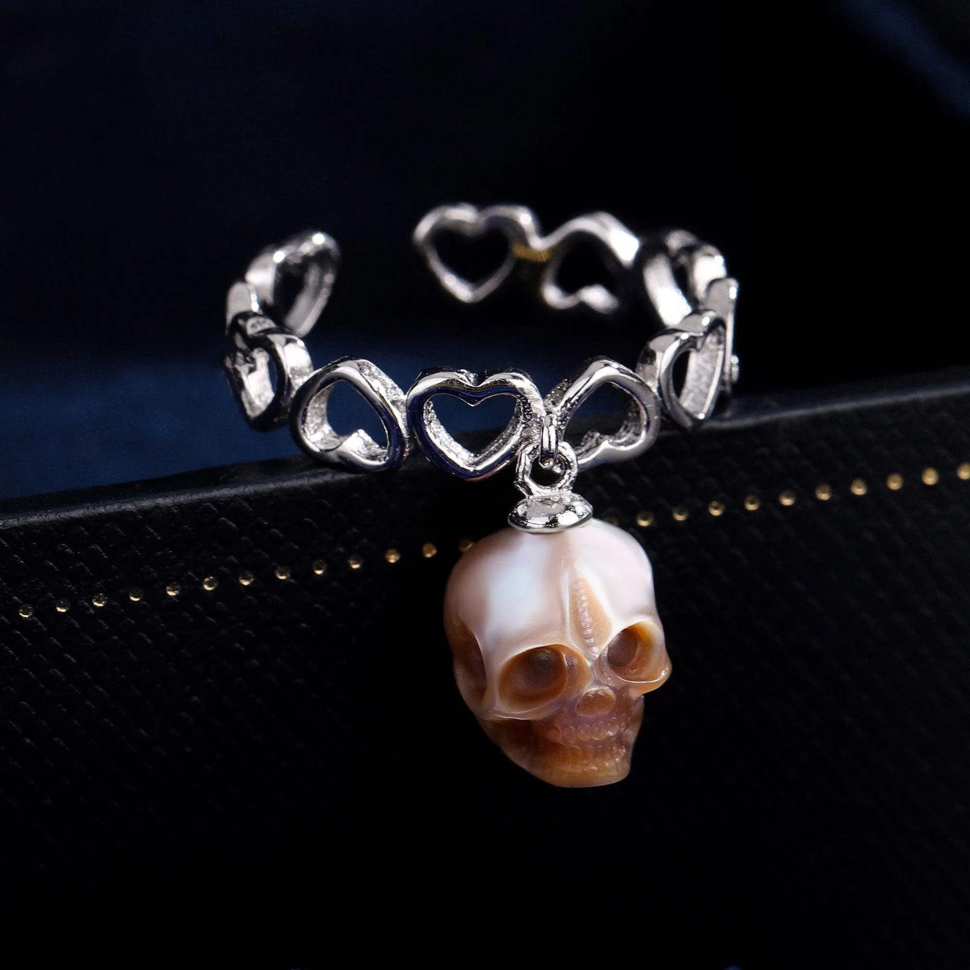 Heart-shaped Band Pearl Skull Ring sold by Belle Juri