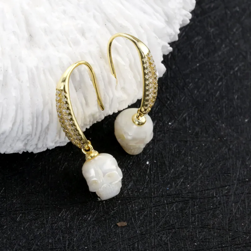 Baguette Gems Cluster Pearl Skull Earrings sold by Belle Juri