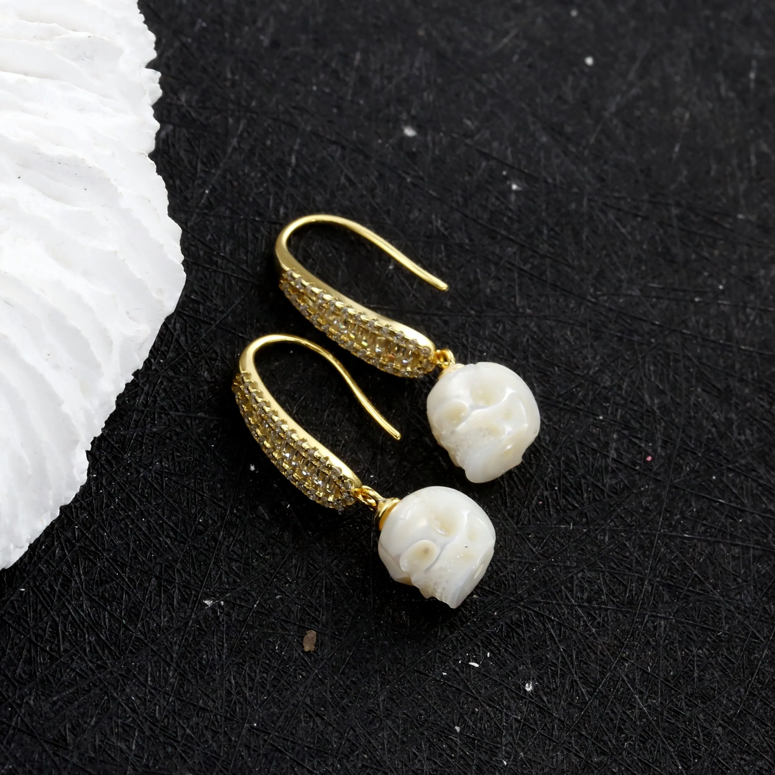 Baguette Gems Cluster Pearl Skull Earrings sold by Belle Juri product image thumbnail 3