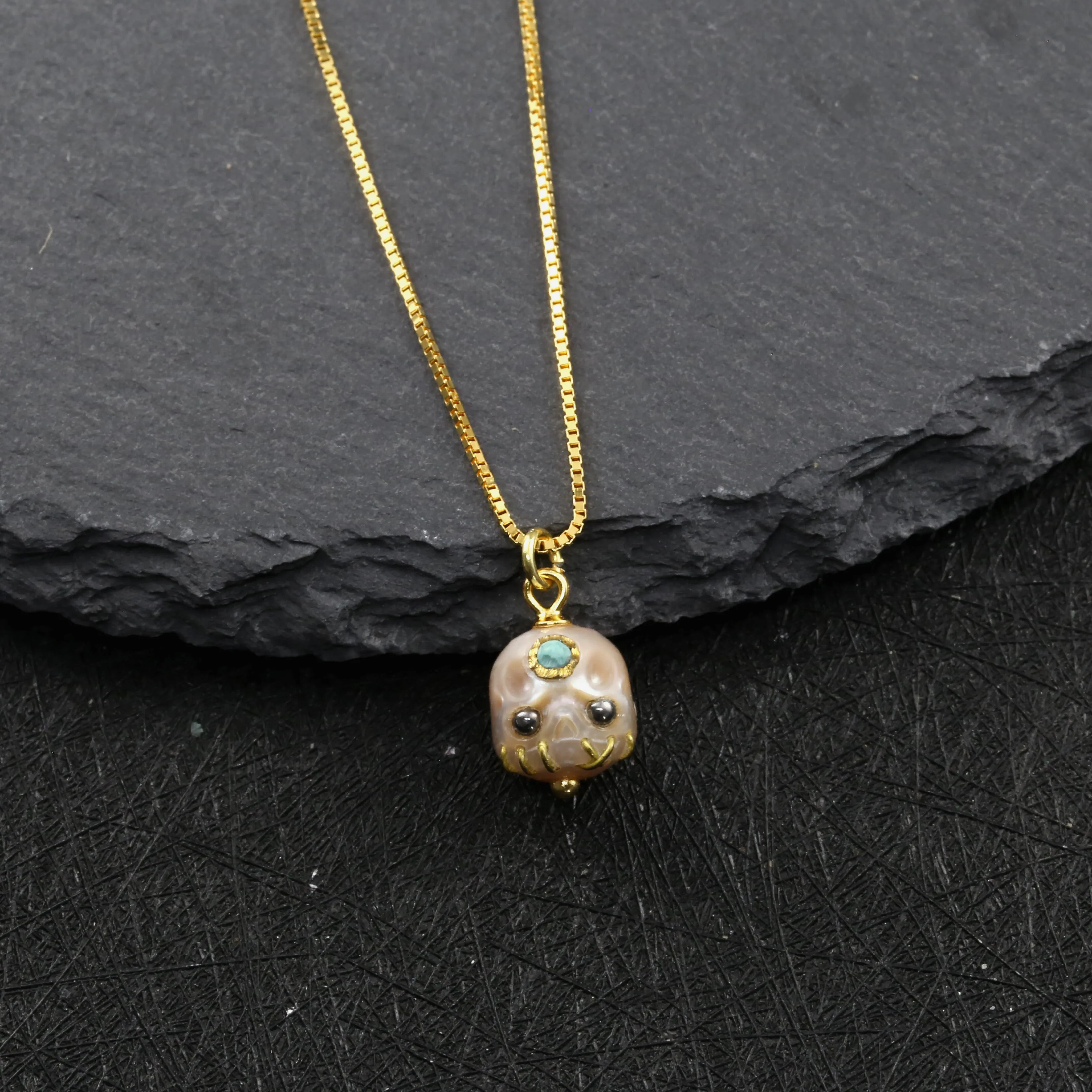 Carved Pearl Skull Śmaśana Bead Necklace With Black Eyes sold by Belle Juri product image thumbnail 3