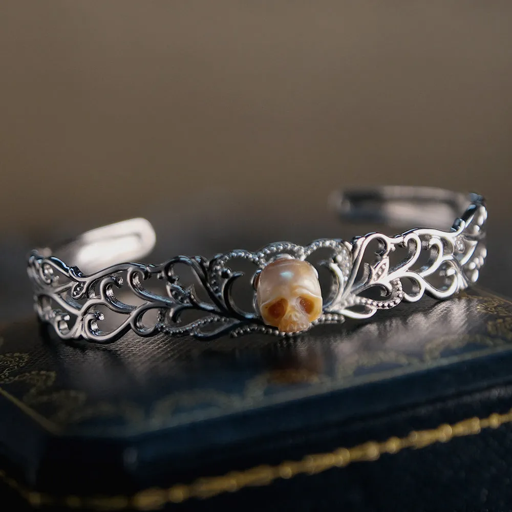 Carved Pearl Skull Sterling Silver Bangle Bracelet sold by Belle Juri product image thumbnail 4