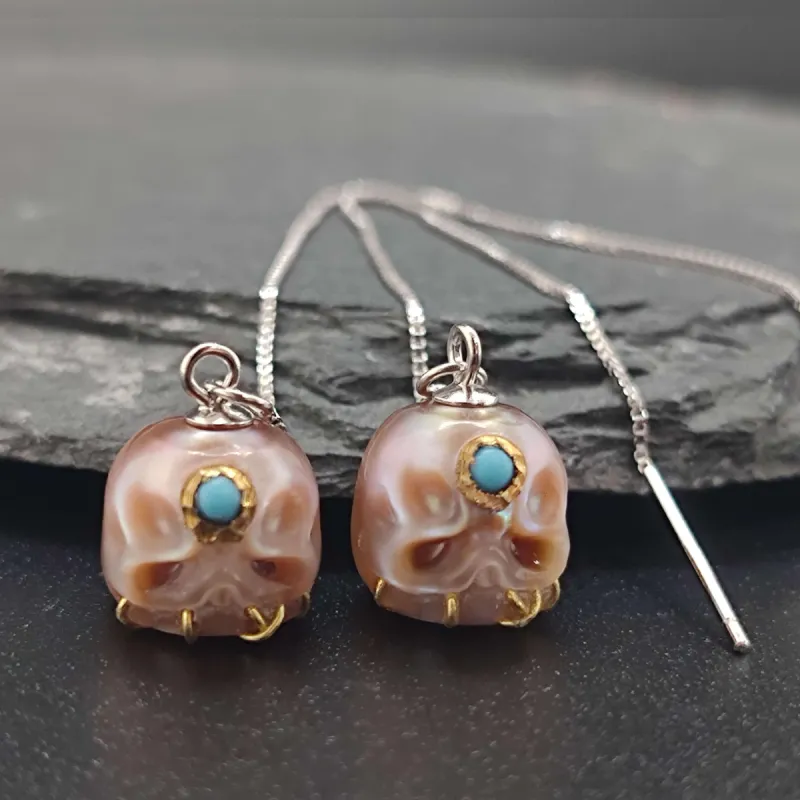 Pearl Carved Śmaśana Threader Earrings sold by Belle Juri