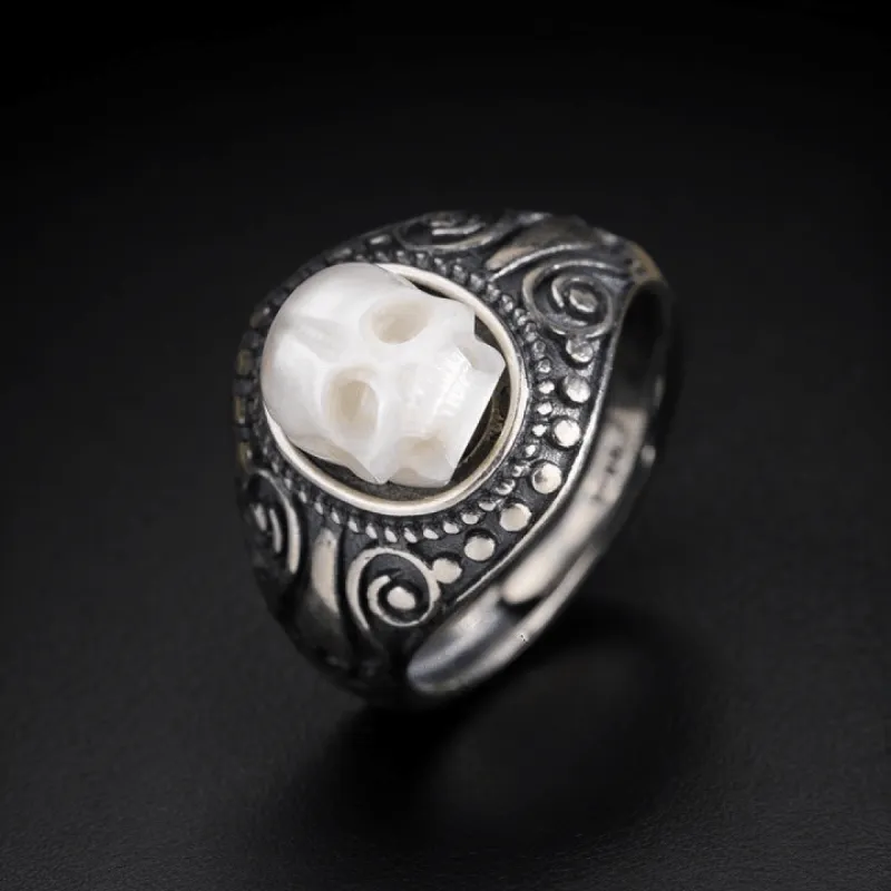 Antique Retro Silver Pearl skull Ring for Biker Party sold by Belle Juri