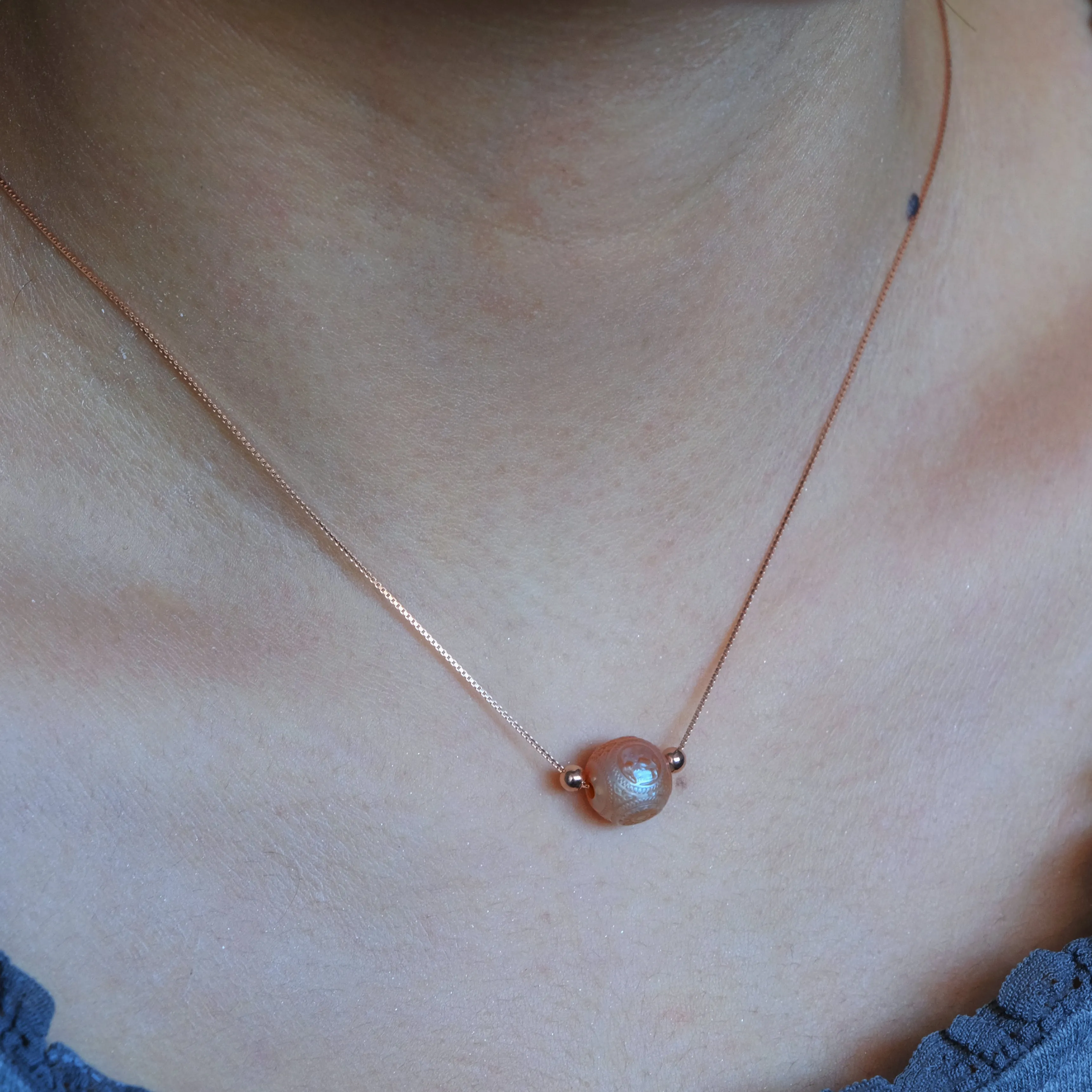 Pearl Carved Skull Round Bead Dainty Necklace sold by Belle Juri product image thumbnail 2